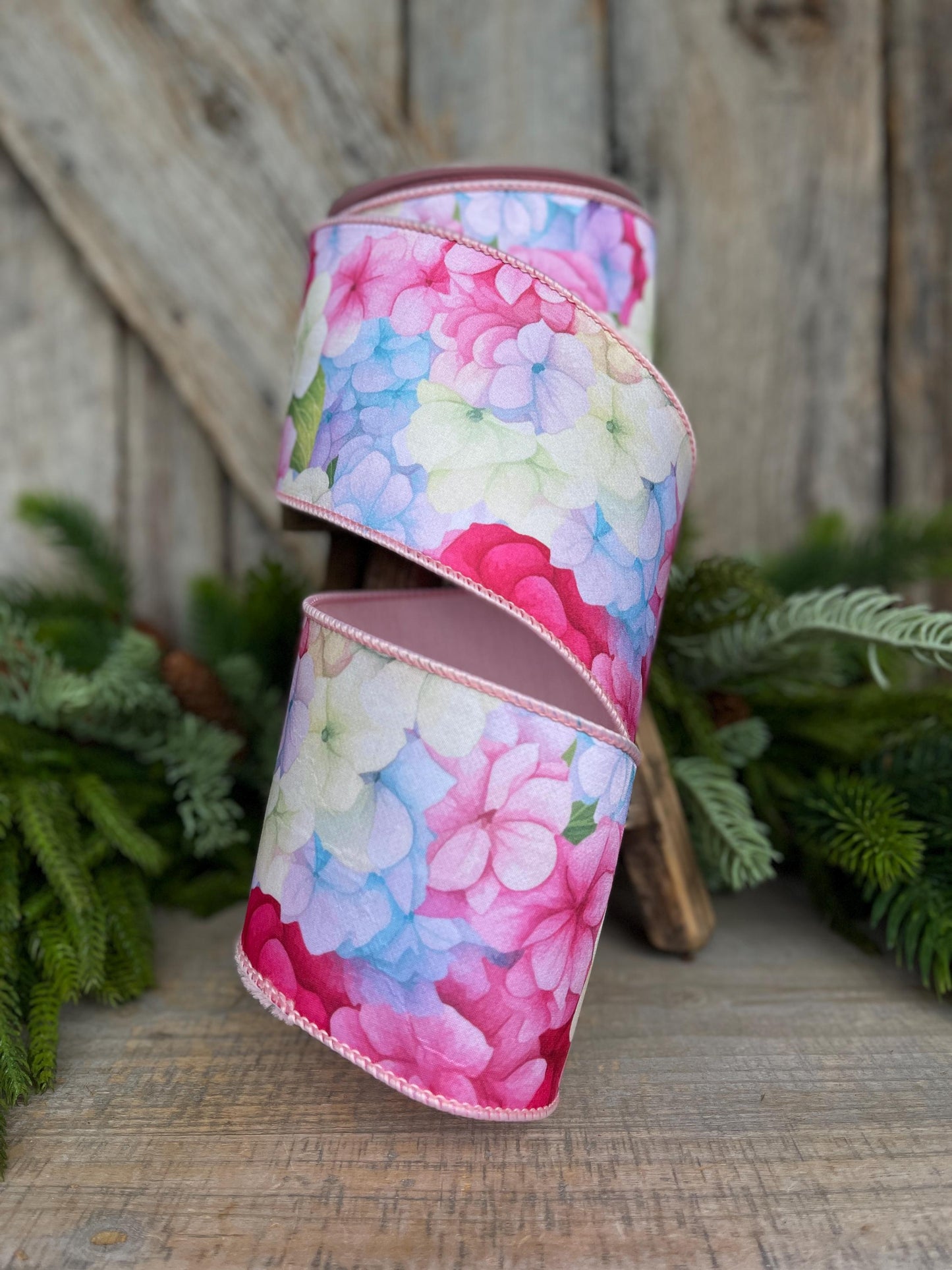 4" Hydrangea Ribbon, Farrisilk Ribbon, Spring Ribbon, Floral Ribbon, Wired Ribbon, Easter Ribbon, Pink, SR035-32