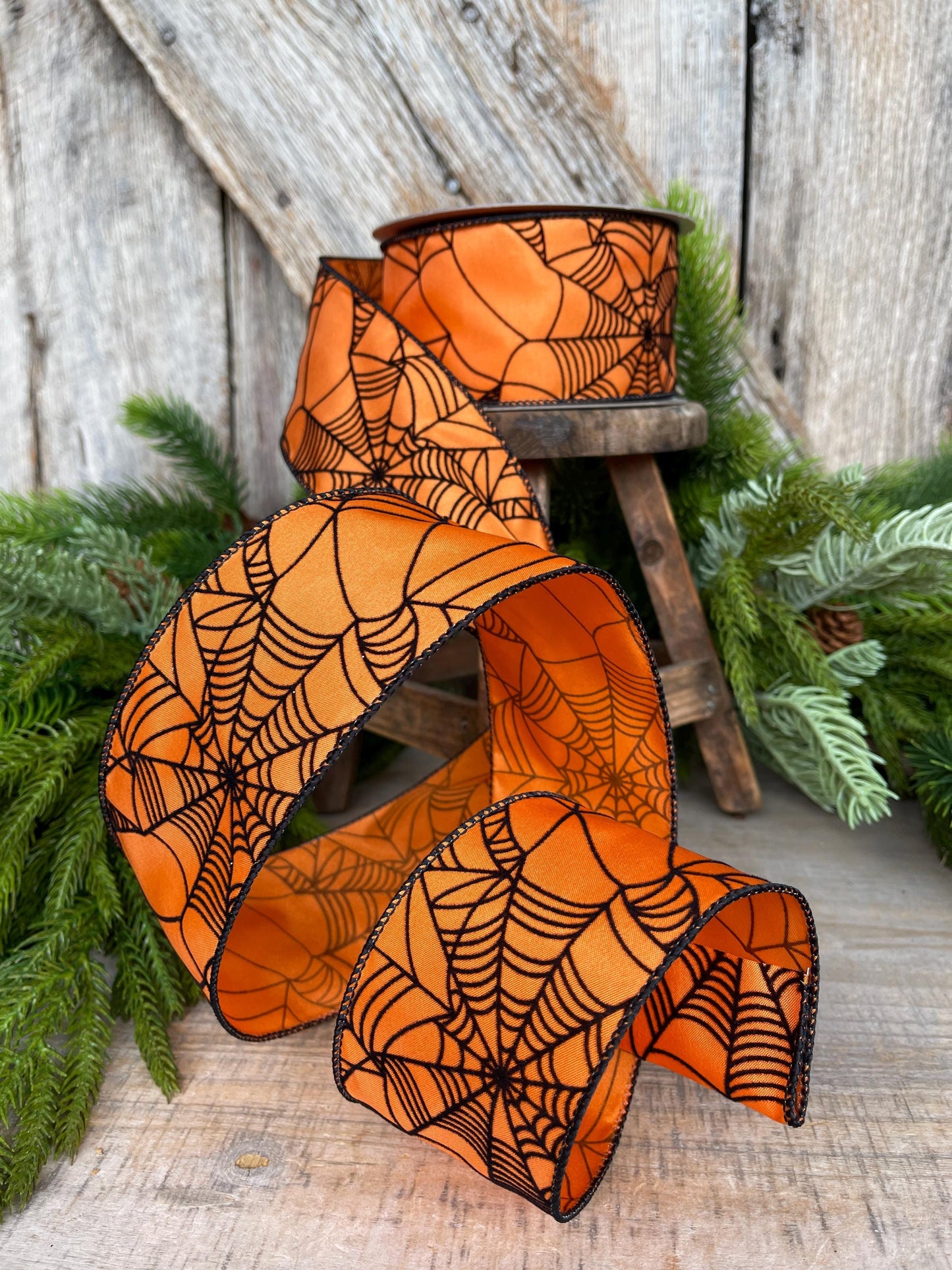 2.5" Orange Spooky Webs Ribbon, Farrisilk Ribbon, Halloween Ribbon, Wired Ribbon, Orange Halloween Ribbon, Spider Web Ribbon, RS145-52