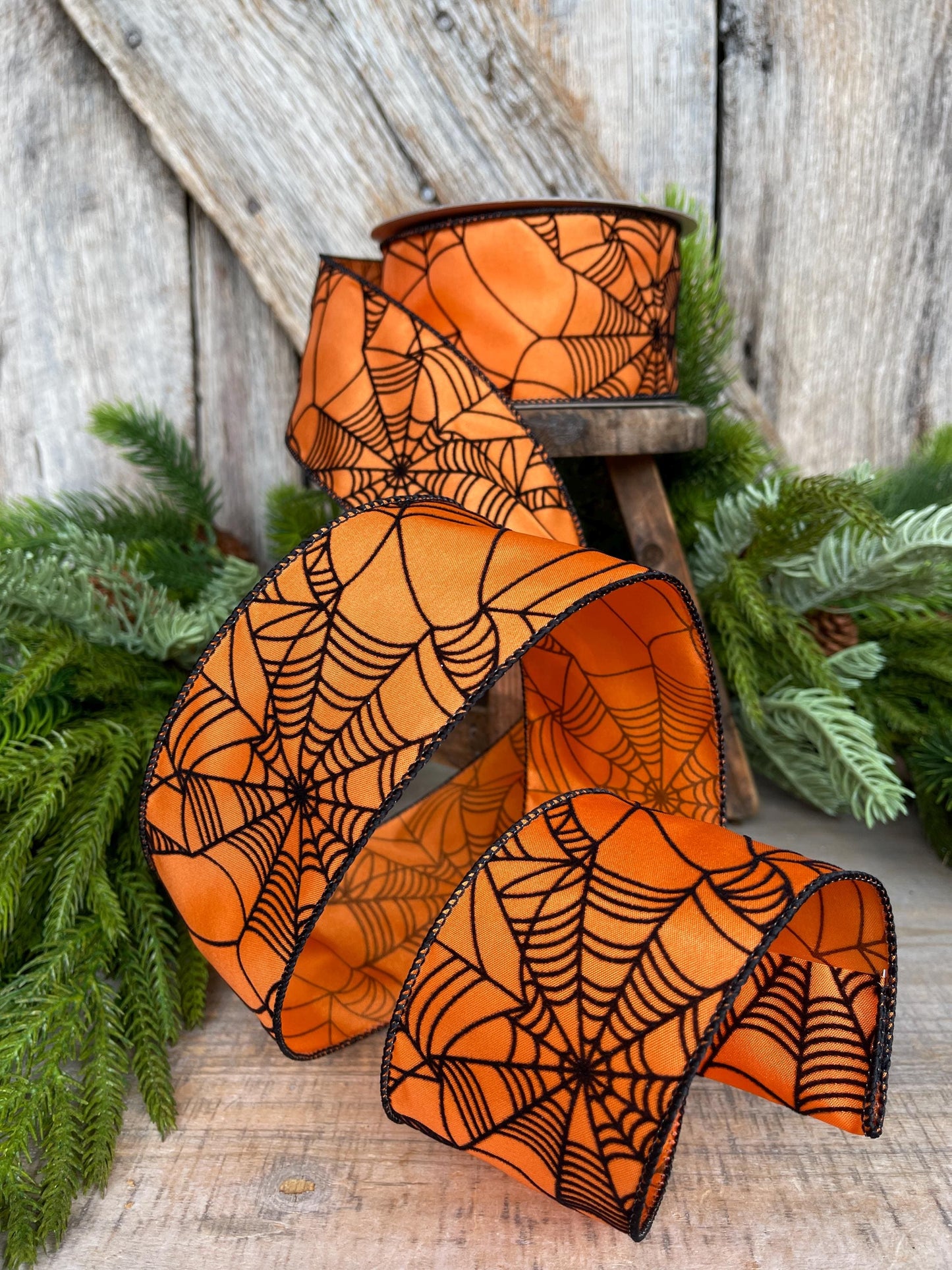 2.5" Orange Spooky Webs Ribbon, Farrisilk Ribbon, Halloween Ribbon, Wired Ribbon, Orange Halloween Ribbon, Spider Web Ribbon, RS145-52