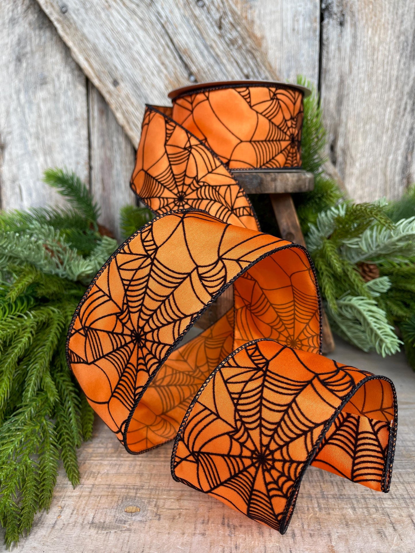 2.5" Orange Spooky Webs Ribbon, Farrisilk Ribbon, Halloween Ribbon, Wired Ribbon, Orange Halloween Ribbon, Spider Web Ribbon, RS145-52