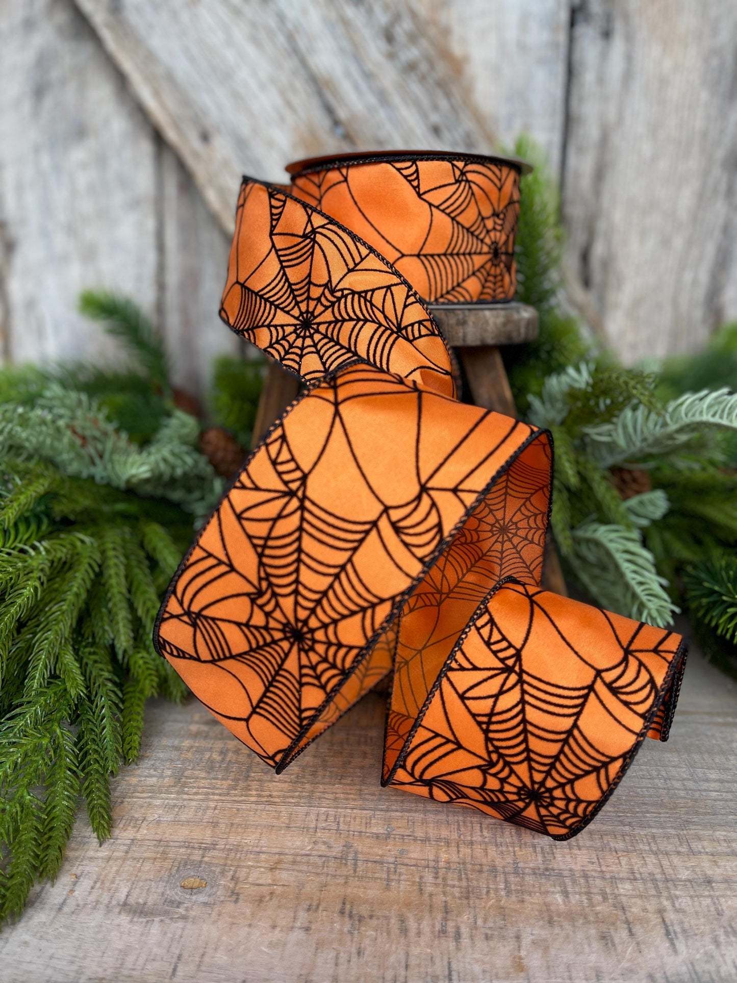 2.5" Orange Spooky Webs Ribbon, Farrisilk Ribbon, Halloween Ribbon, Wired Ribbon, Orange Halloween Ribbon, Spider Web Ribbon, RS145-52