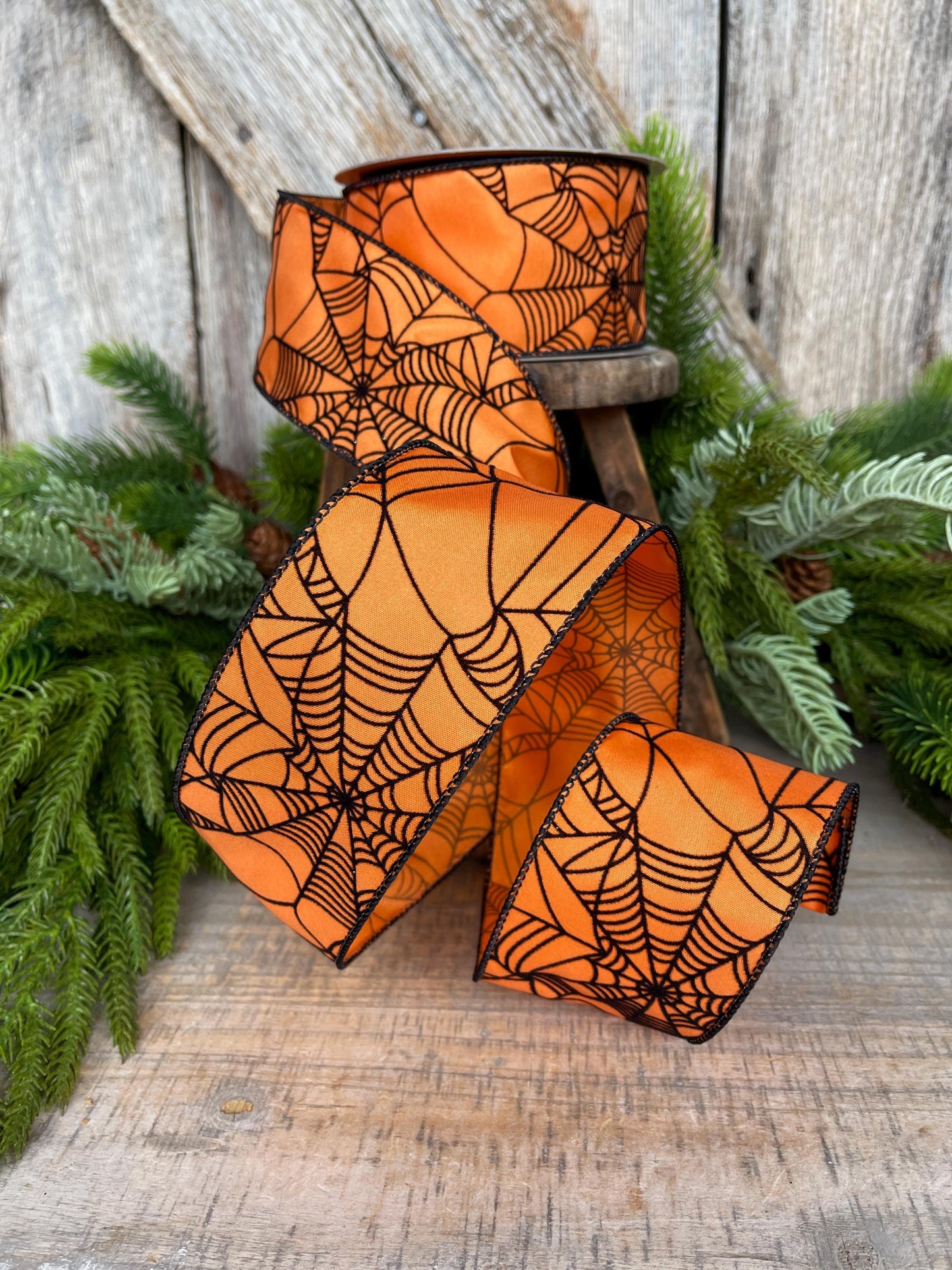 2.5" Orange Spooky Webs Ribbon, Farrisilk Ribbon, Halloween Ribbon, Wired Ribbon, Orange Halloween Ribbon, Spider Web Ribbon, RS145-52