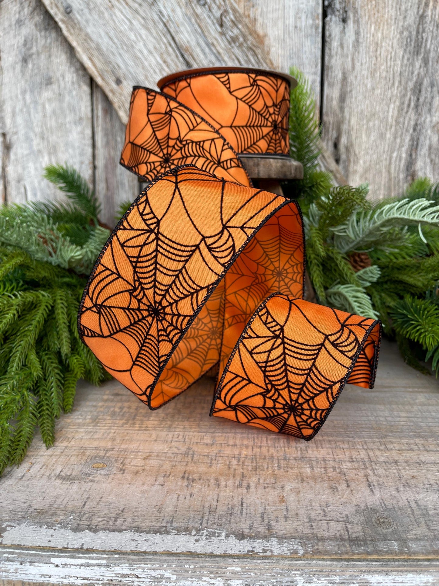 2.5" Orange Spooky Webs Ribbon, Farrisilk Ribbon, Halloween Ribbon, Wired Ribbon, Orange Halloween Ribbon, Spider Web Ribbon, RS145-52