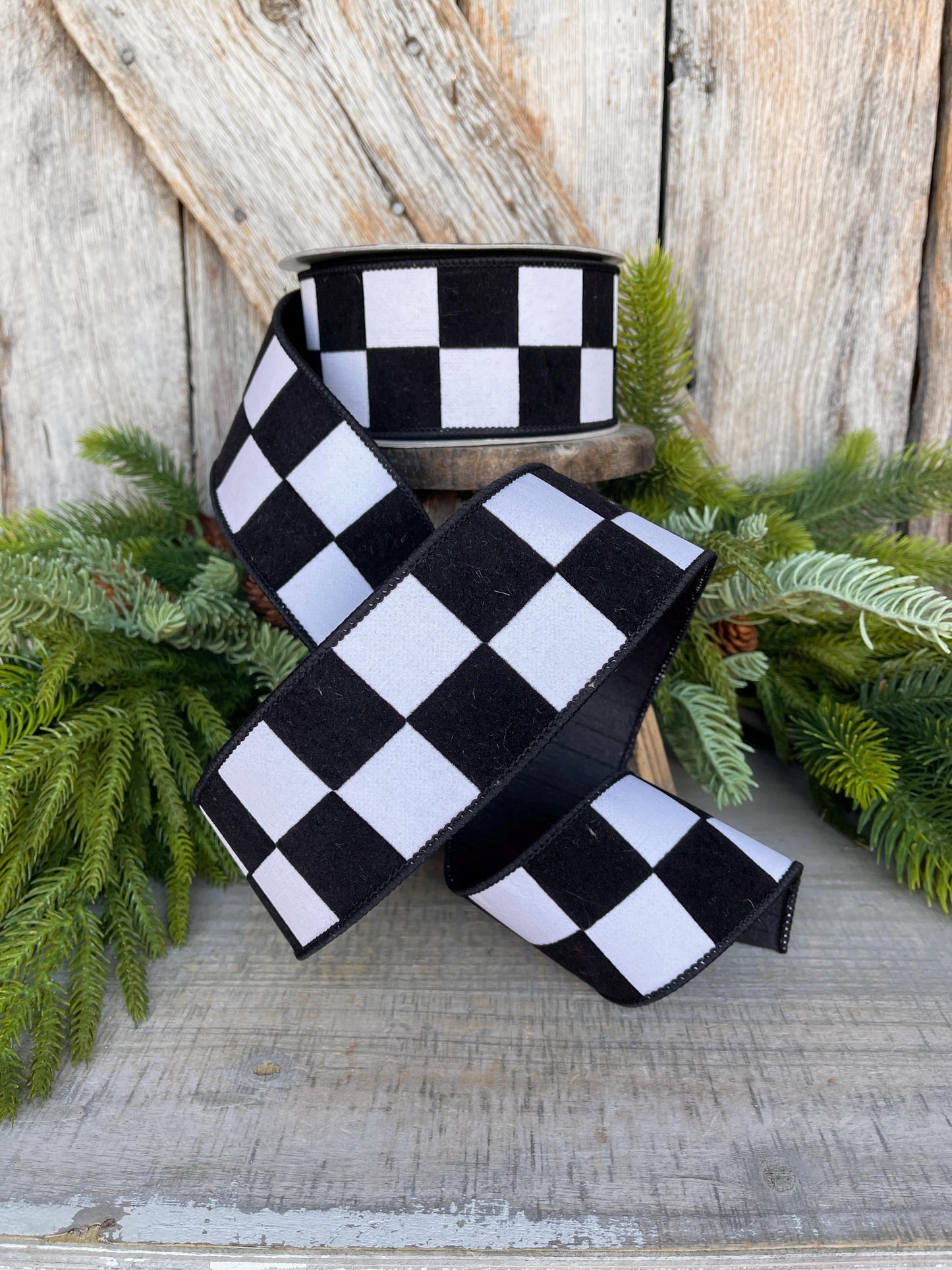 2.5" Black White Maxi Check Ribbon, Wired Ribbon, Farrisilk Ribbon, Black White Check Ribbon, SR006-92