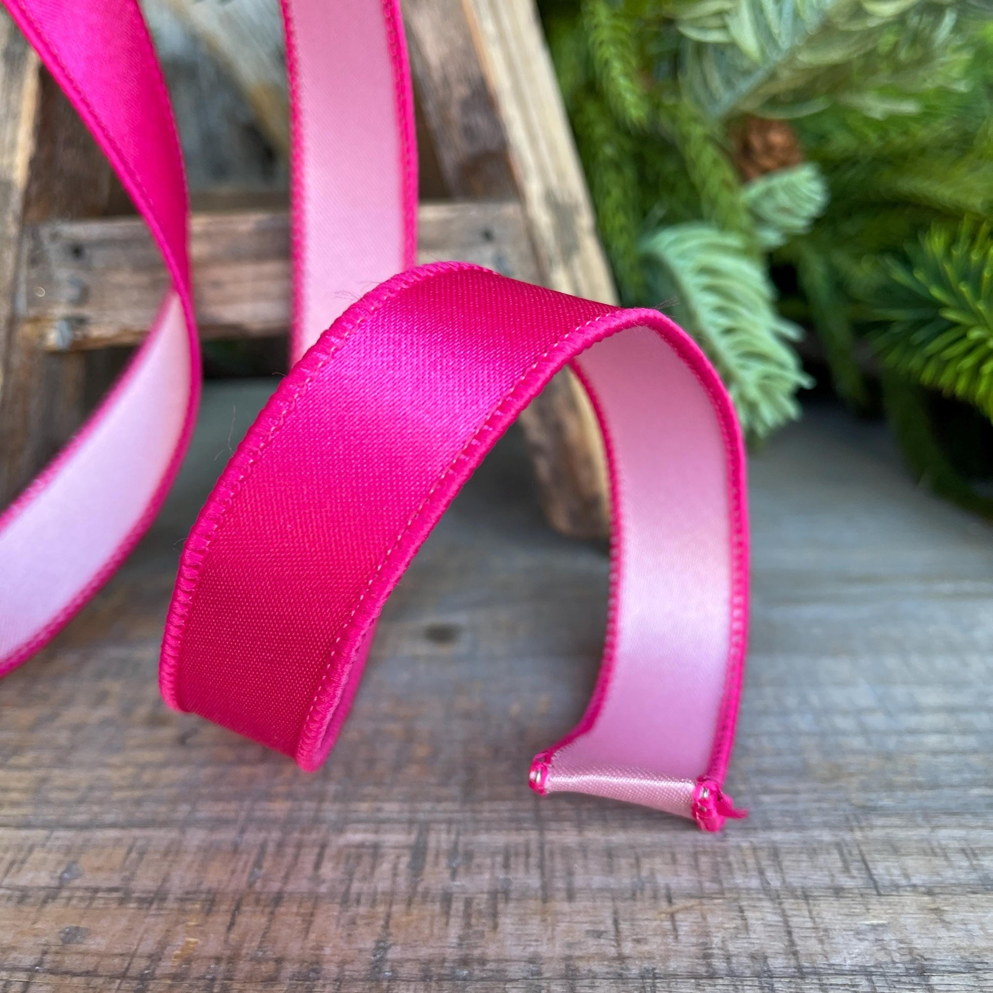 1" Hot Pink Light Pink Wired Satin Ribbon, Farrisilk Ribbon, Duo Satin Ribbon