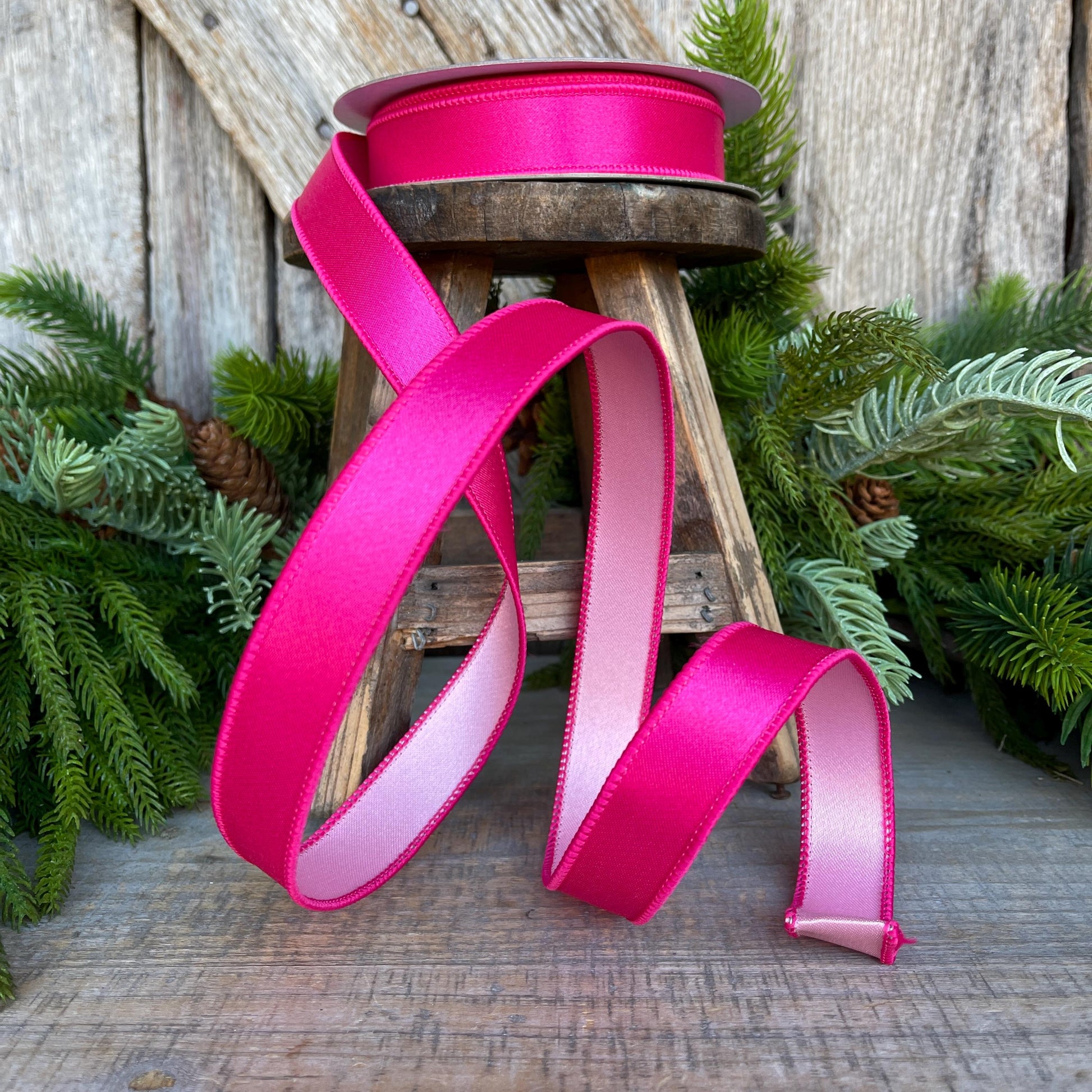 1" Hot Pink Light Pink Wired Satin Ribbon, Farrisilk Ribbon, Duo Satin Ribbon