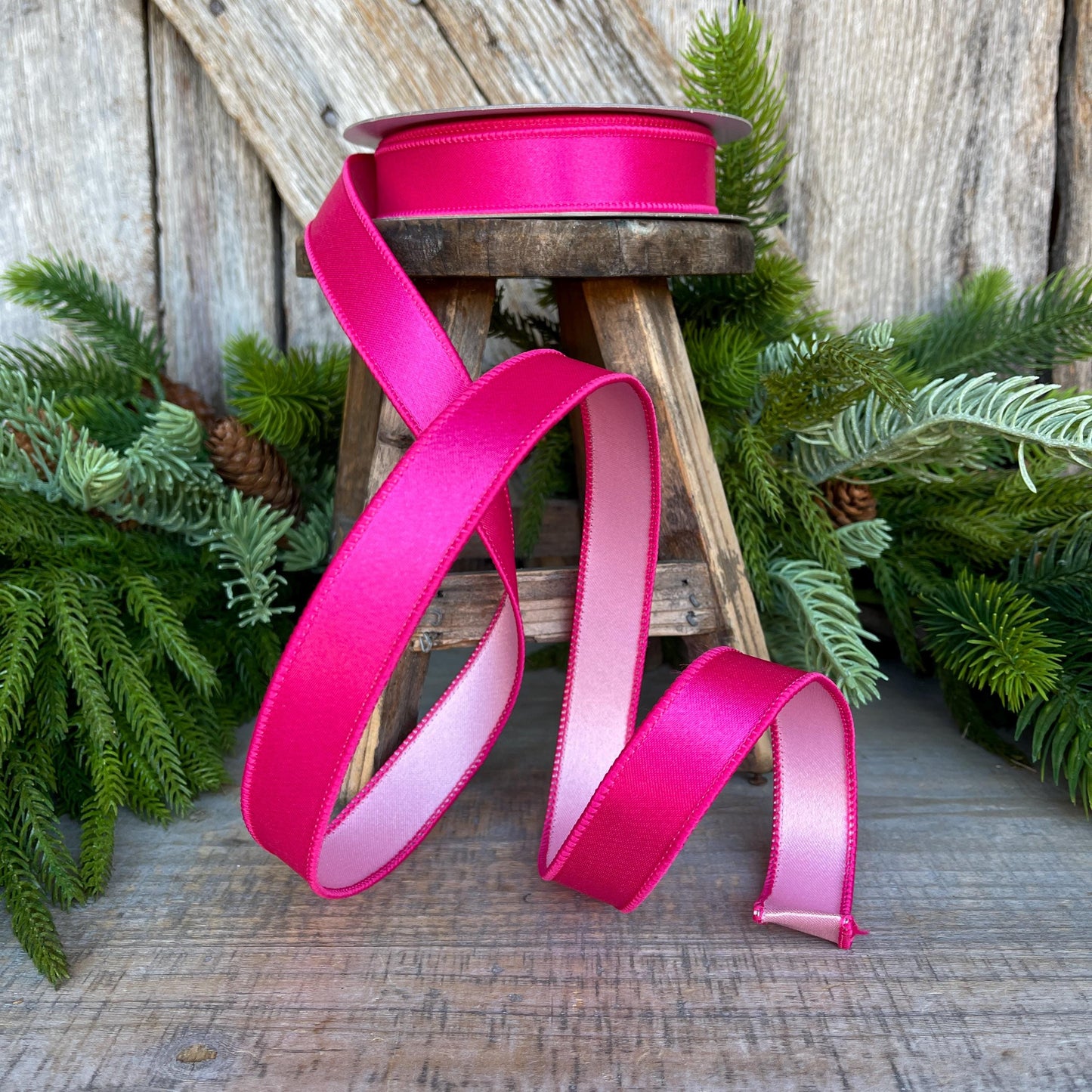 1" Hot Pink Light Pink Wired Satin Ribbon, Farrisilk Ribbon, Duo Satin Ribbon