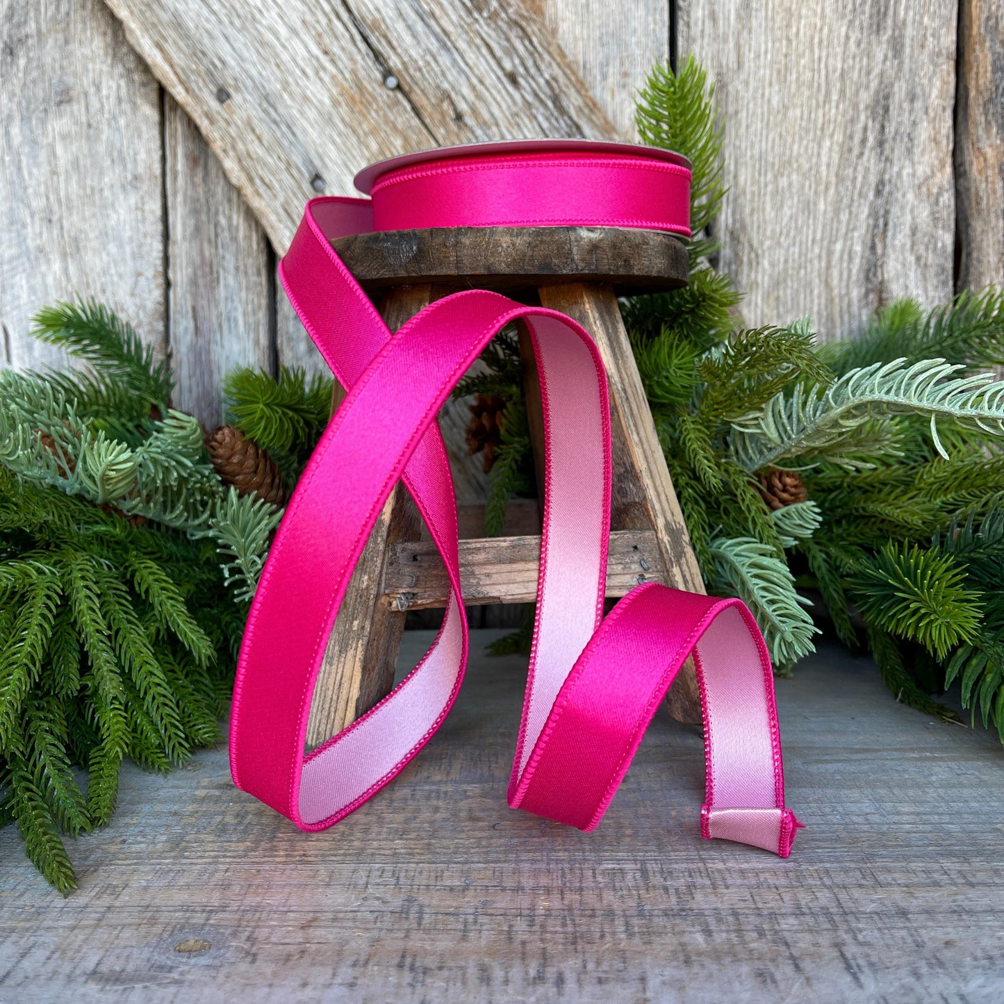 1" Hot Pink Light Pink Wired Satin Ribbon, Farrisilk Ribbon, Duo Satin Ribbon