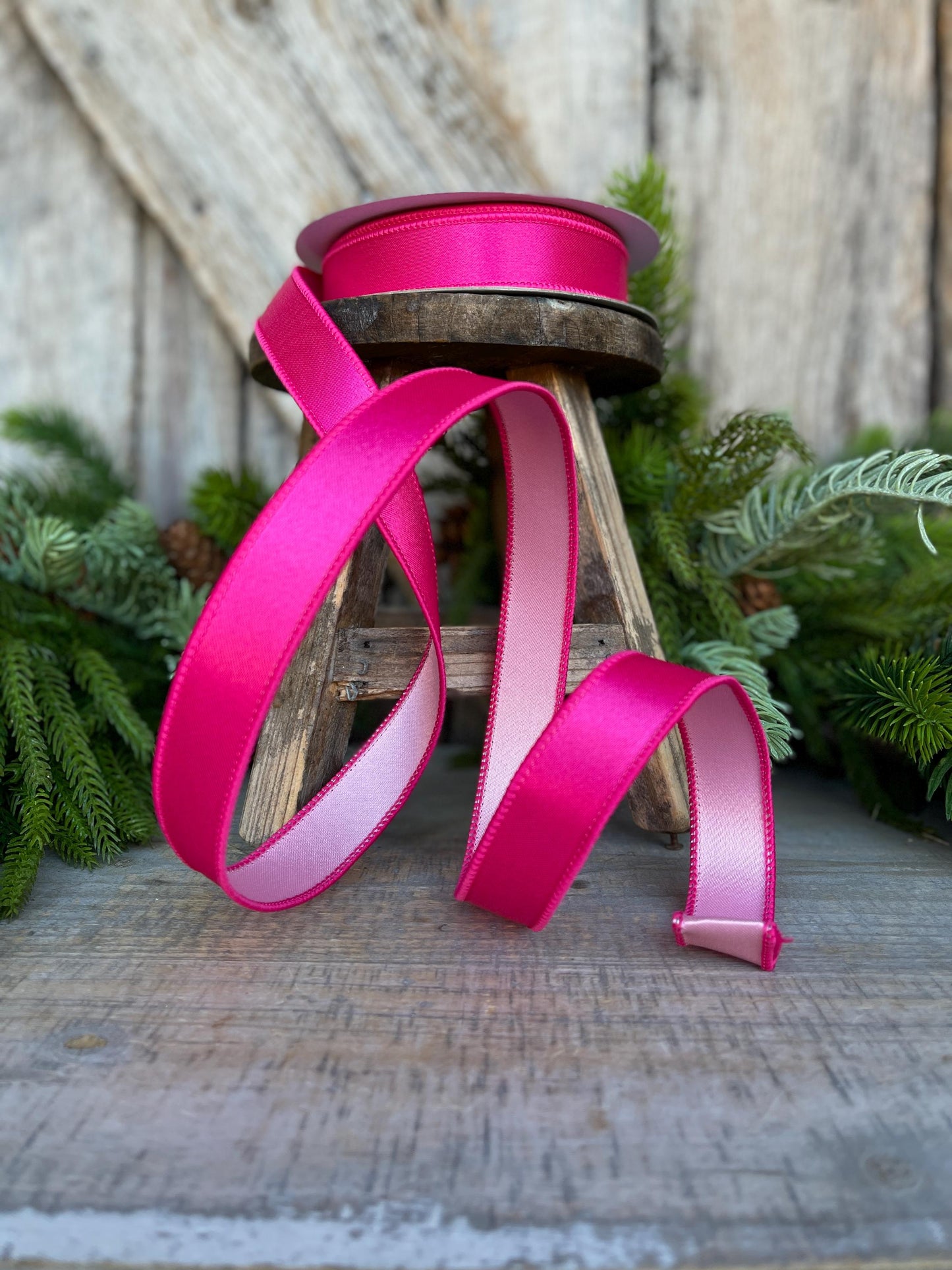 1" Hot Pink Light Pink Wired Satin Ribbon, Farrisilk Ribbon, Duo Satin Ribbon