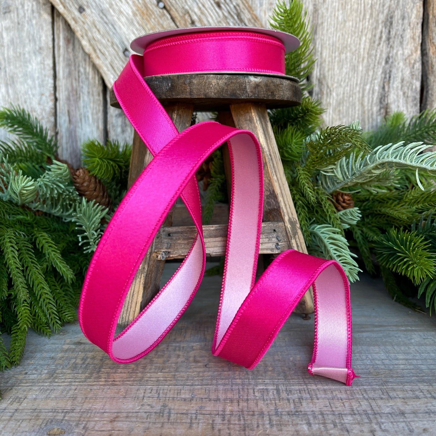 1" Hot Pink Light Pink Wired Satin Ribbon, Farrisilk Ribbon, Duo Satin Ribbon