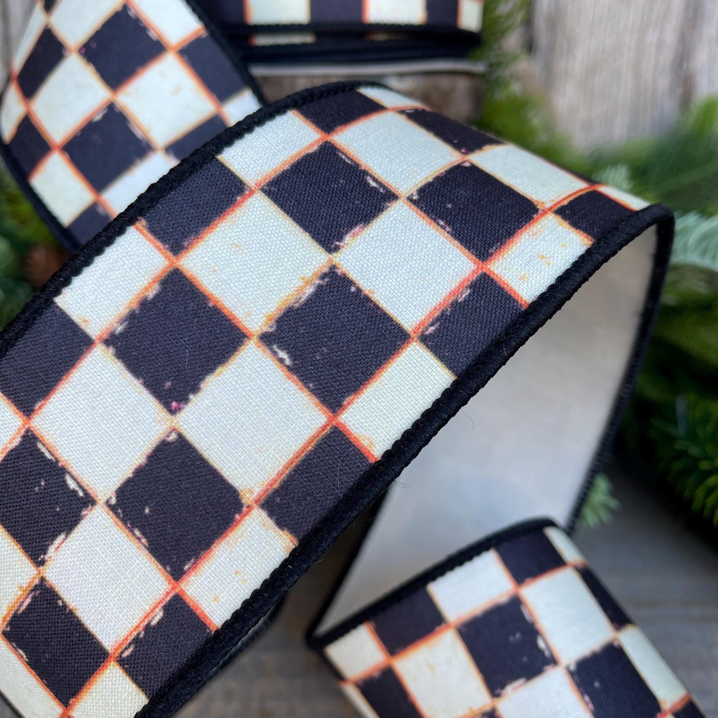 2.5" Black White Galery Checkered Ribbon, Wired Ribbon, Farrisilk Ribbon, Black White Check Ribbon, SR008-92