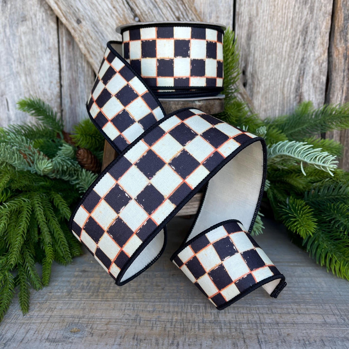 2.5" Black White Galery Checkered Ribbon, Wired Ribbon, Farrisilk Ribbon, Black White Check Ribbon, SR008-92