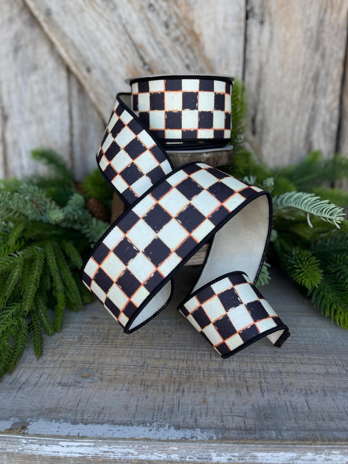 2.5" Black White Galery Checkered Ribbon, Wired Ribbon, Farrisilk Ribbon, Black White Check Ribbon, SR008-92