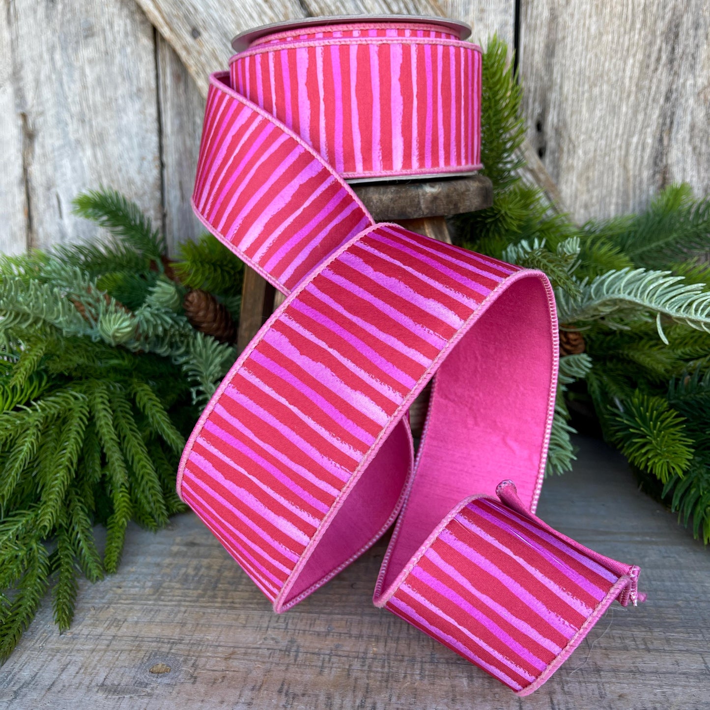 2.5" Red Pink Stripe Ribbon, Farrisilk Ribbon, Wired Ribbon, Red Bristle Stripes Ribbon, Spring Ribbon, Striped Ribbon, SR079-02