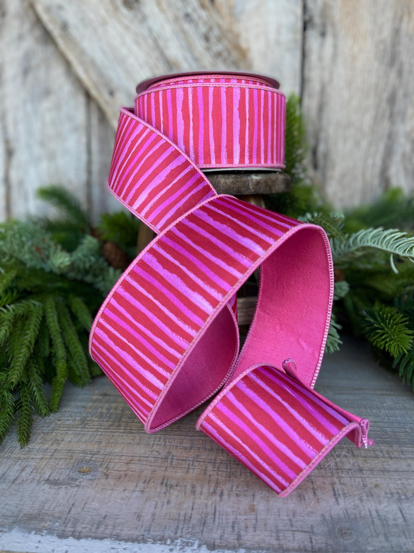 2.5" Red Pink Stripe Ribbon, Farrisilk Ribbon, Wired Ribbon, Red Bristle Stripes Ribbon, Spring Ribbon, Striped Ribbon, SR079-02