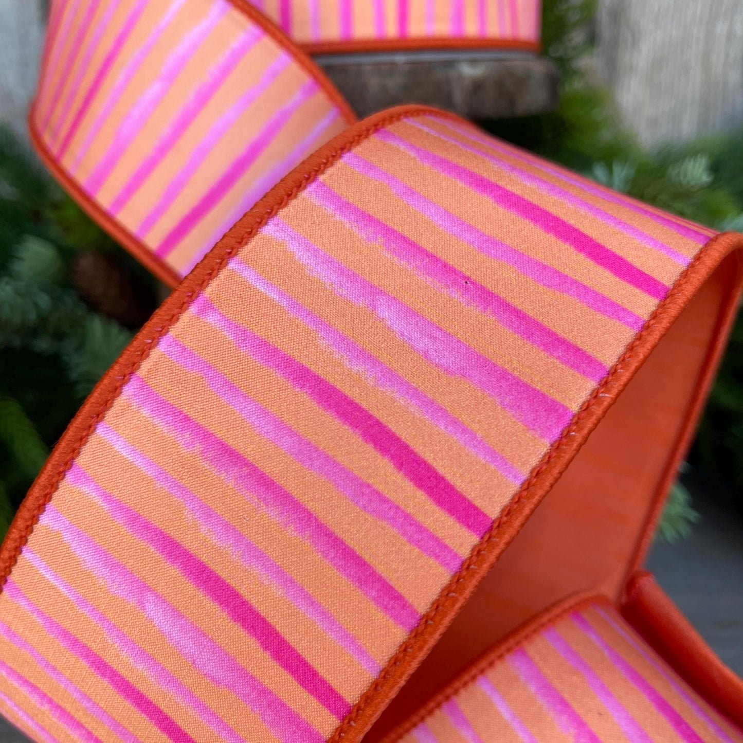 2.5" Orange Pink Stripe Ribbon, Farrisilk Ribbon, Wired Ribbon, Orange Bristle Stripes Ribbon, Spring Ribbon, Striped Ribbon, SR079-52