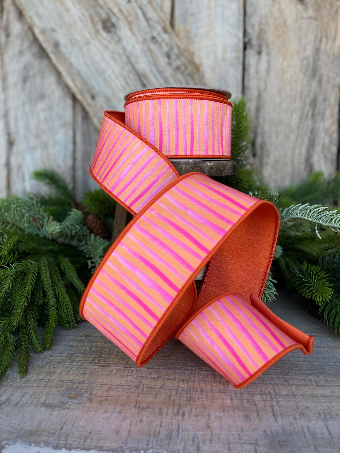 2.5" Orange Pink Stripe Ribbon, Farrisilk Ribbon, Wired Ribbon, Orange Bristle Stripes Ribbon, Spring Ribbon, Striped Ribbon, SR079-52