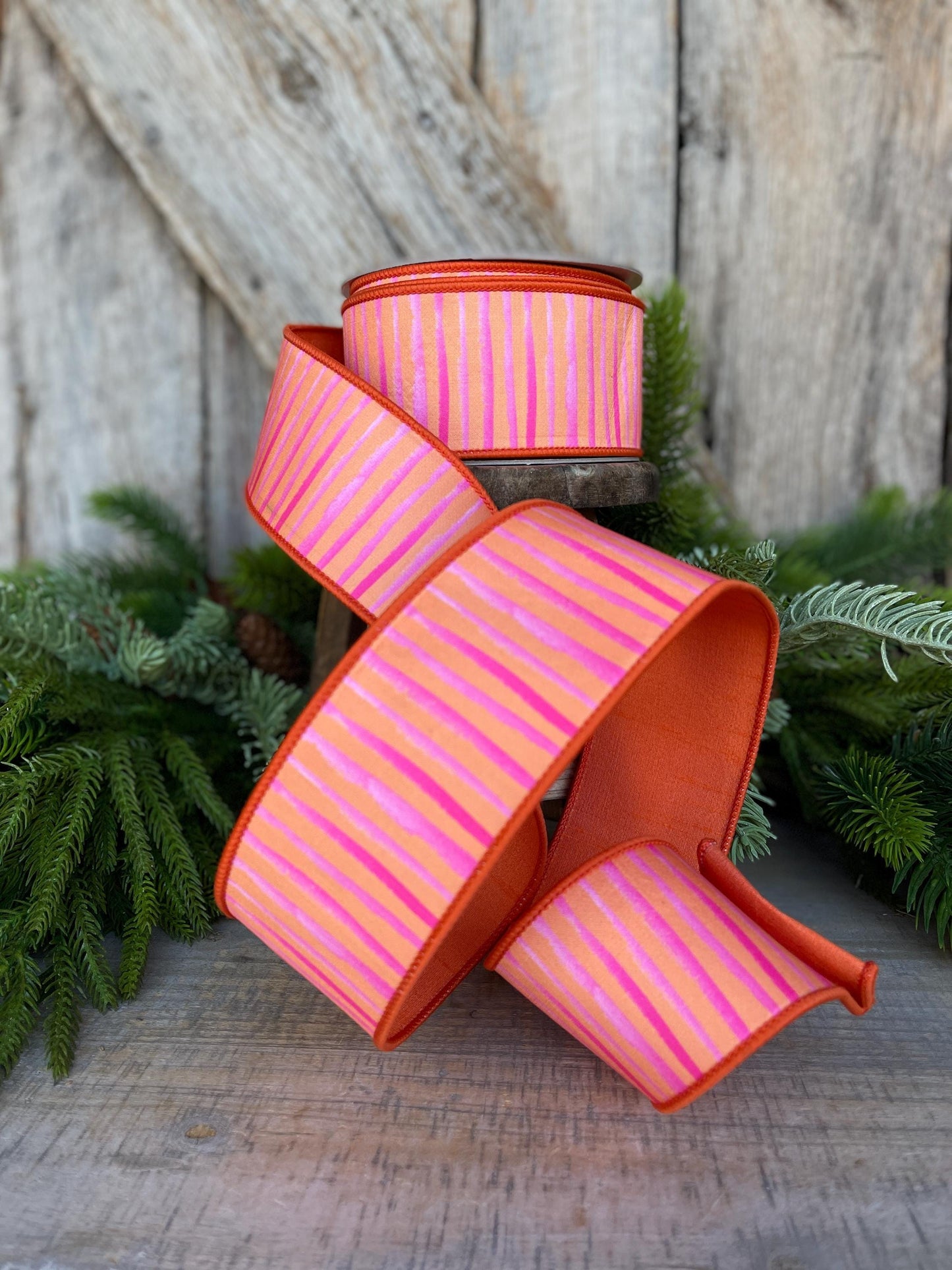 2.5" Orange Pink Stripe Ribbon, Farrisilk Ribbon, Wired Ribbon, Orange Bristle Stripes Ribbon, Spring Ribbon, Striped Ribbon, SR079-52