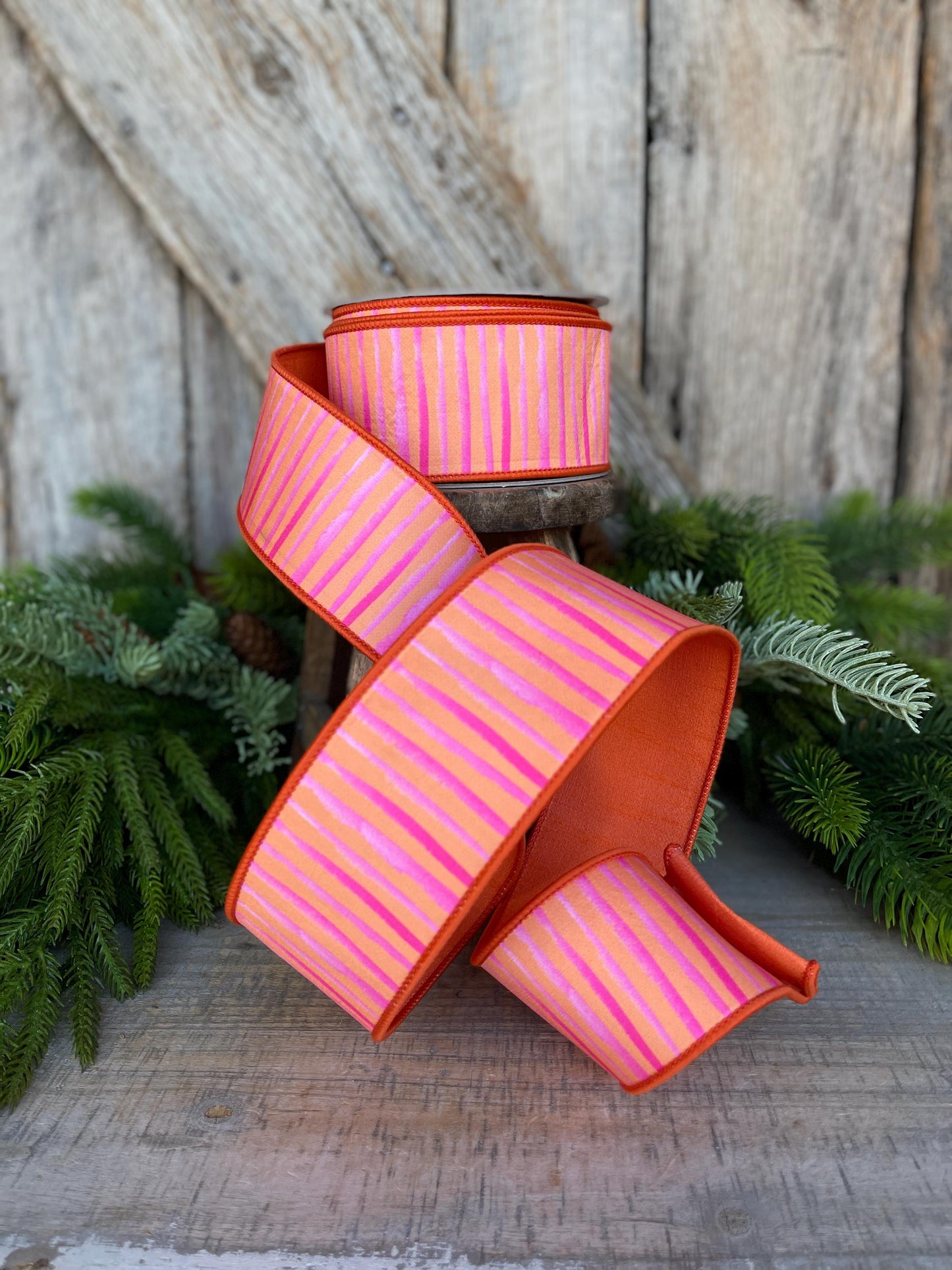 2.5" Orange Pink Stripe Ribbon, Farrisilk Ribbon, Wired Ribbon, Orange Bristle Stripes Ribbon, Spring Ribbon, Striped Ribbon, SR079-52