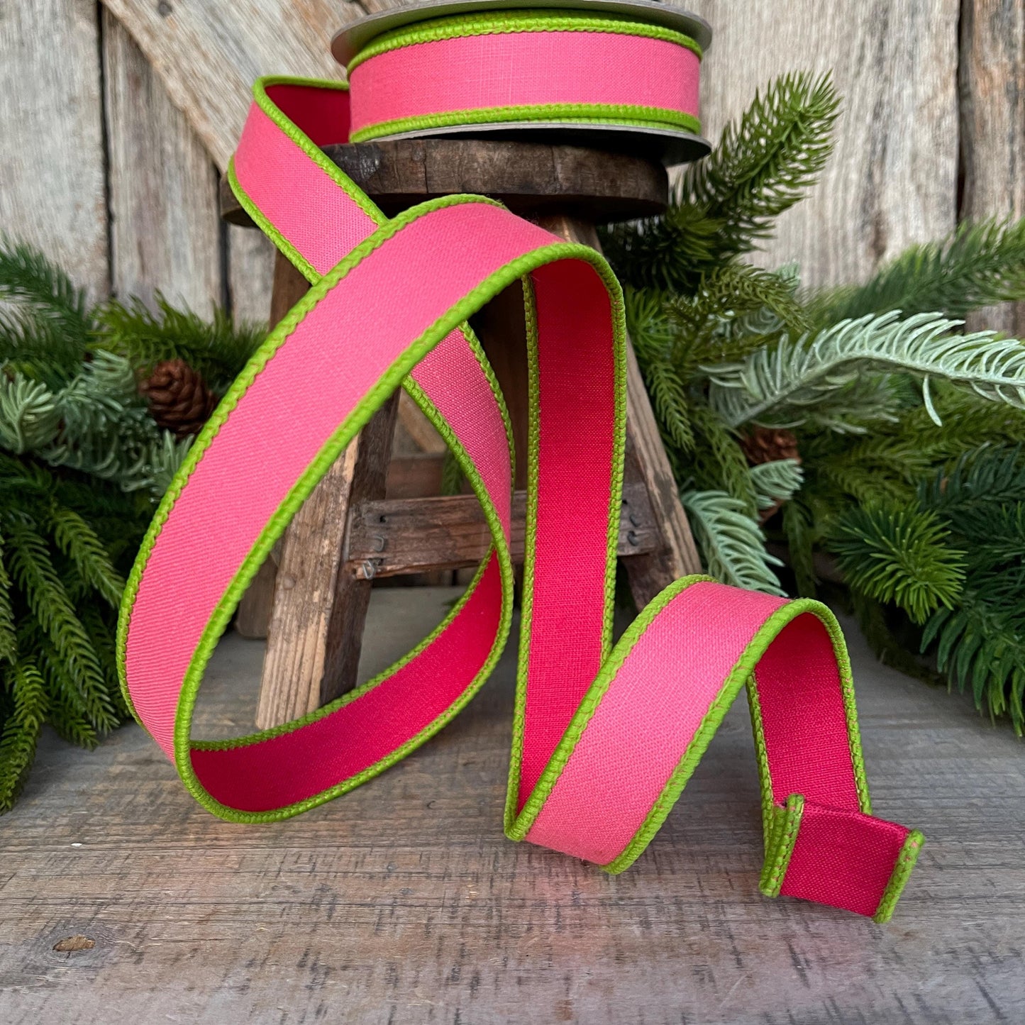 1" Pink Lime Green Ribbon, Farrisilk Ribbon, Wired Ribbon, Pretty Pastel Ribbon, 2 tone ribbon, narrow ribbon, SR117-74