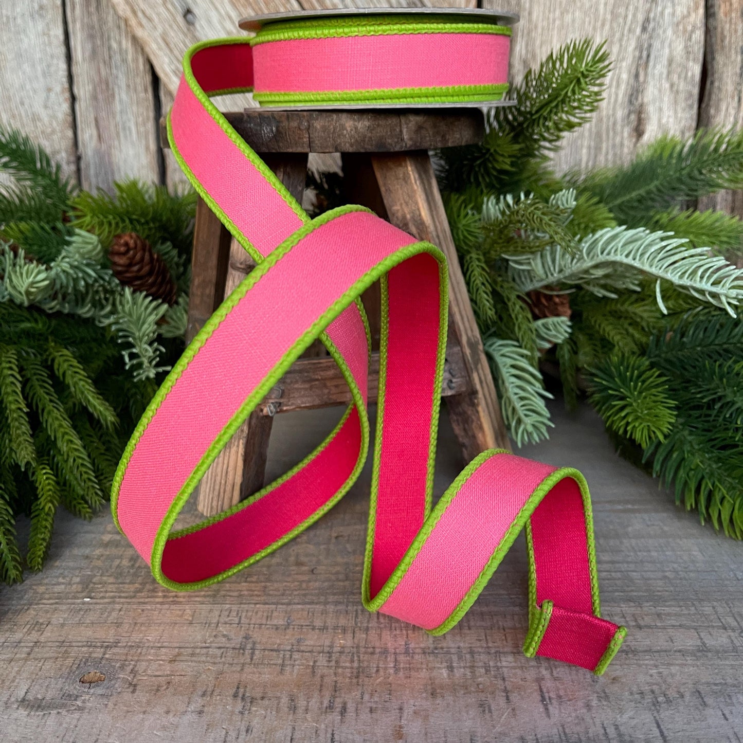 1" Pink Lime Green Ribbon, Farrisilk Ribbon, Wired Ribbon, Pretty Pastel Ribbon, 2 tone ribbon, narrow ribbon, SR117-74