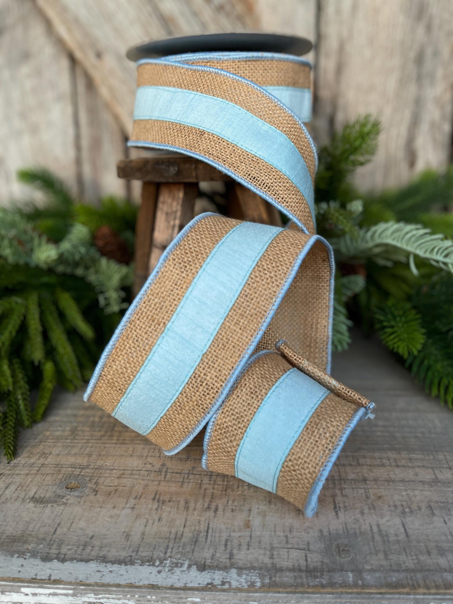 2.5" Light Blue Burlap Border Ribbon, Farrisilk Ribbon, Wired Ribbon, Light Blue Ribbon, Burlap Ribbon, SR094-16