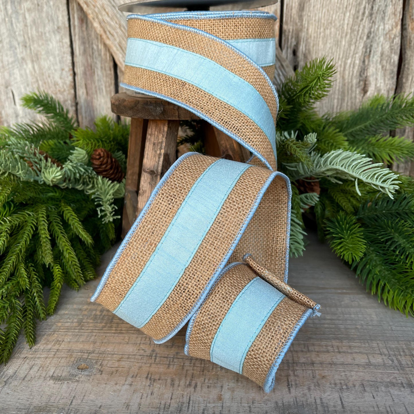 2.5" Light Blue Burlap Border Ribbon, Farrisilk Ribbon, Wired Ribbon, Light Blue Ribbon, Burlap Ribbon, SR094-16