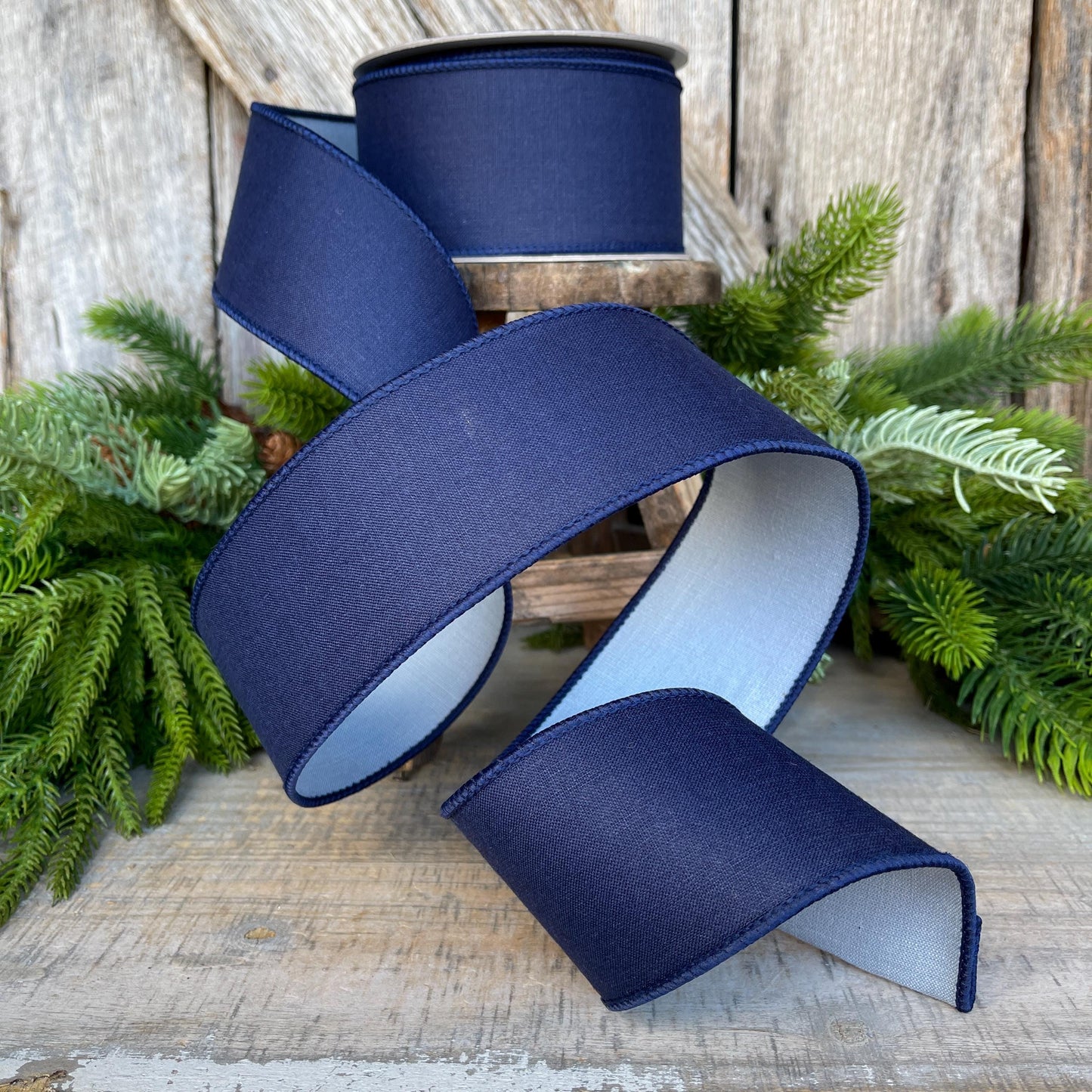 2.5" Navy Blue Ribbon, Farrisilk Ribbon, Wired Ribbon, Navy Blue Linen Tones Ribbon, 2 Tone Ribbon, Denim Look Ribbon, SR120-05