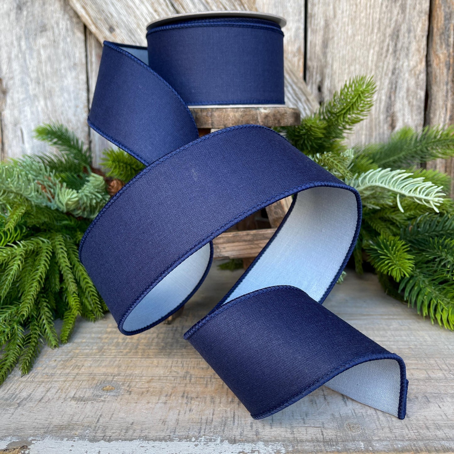 2.5" Navy Blue Ribbon, Farrisilk Ribbon, Wired Ribbon, Navy Blue Linen Tones Ribbon, 2 Tone Ribbon, Denim Look Ribbon, SR120-05