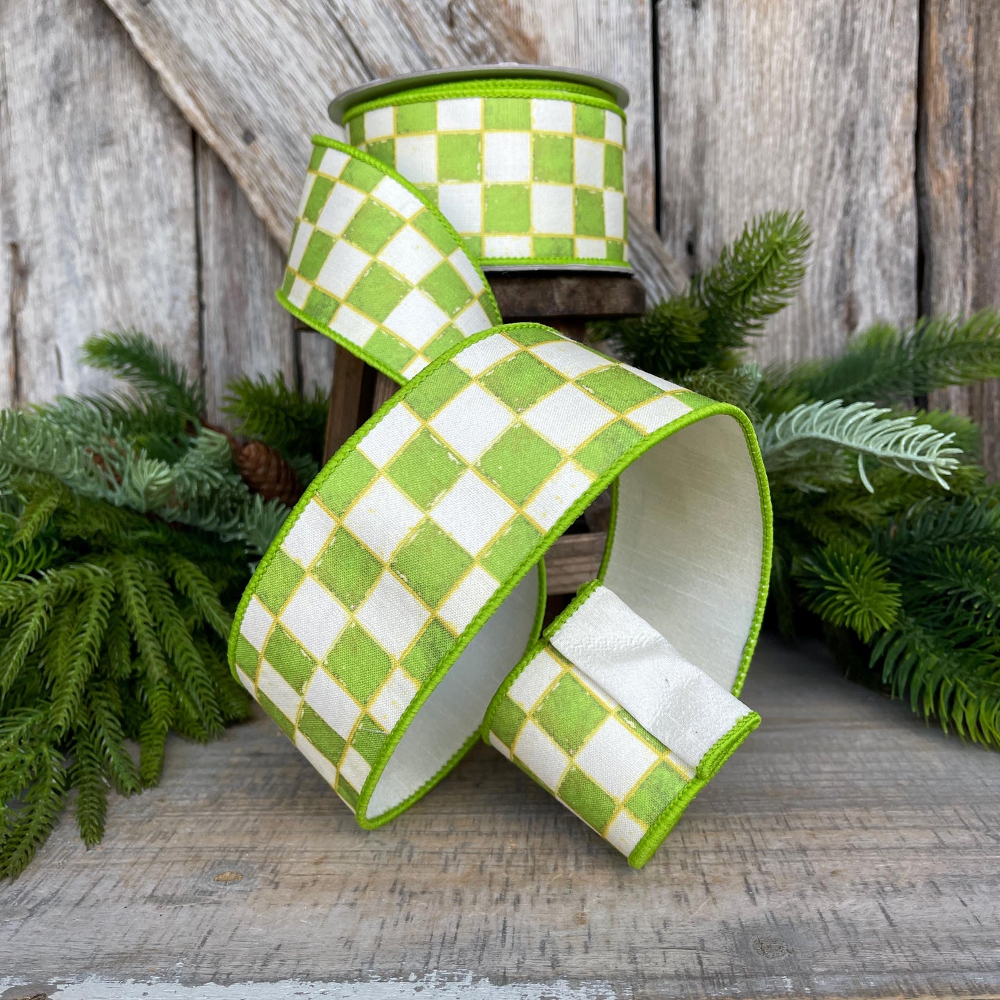 2.5" Lime Green Check Ribbon, Wired Ribbon, Farrisilk Ribbon, Lime Green White Check Ribbon, SR008-61