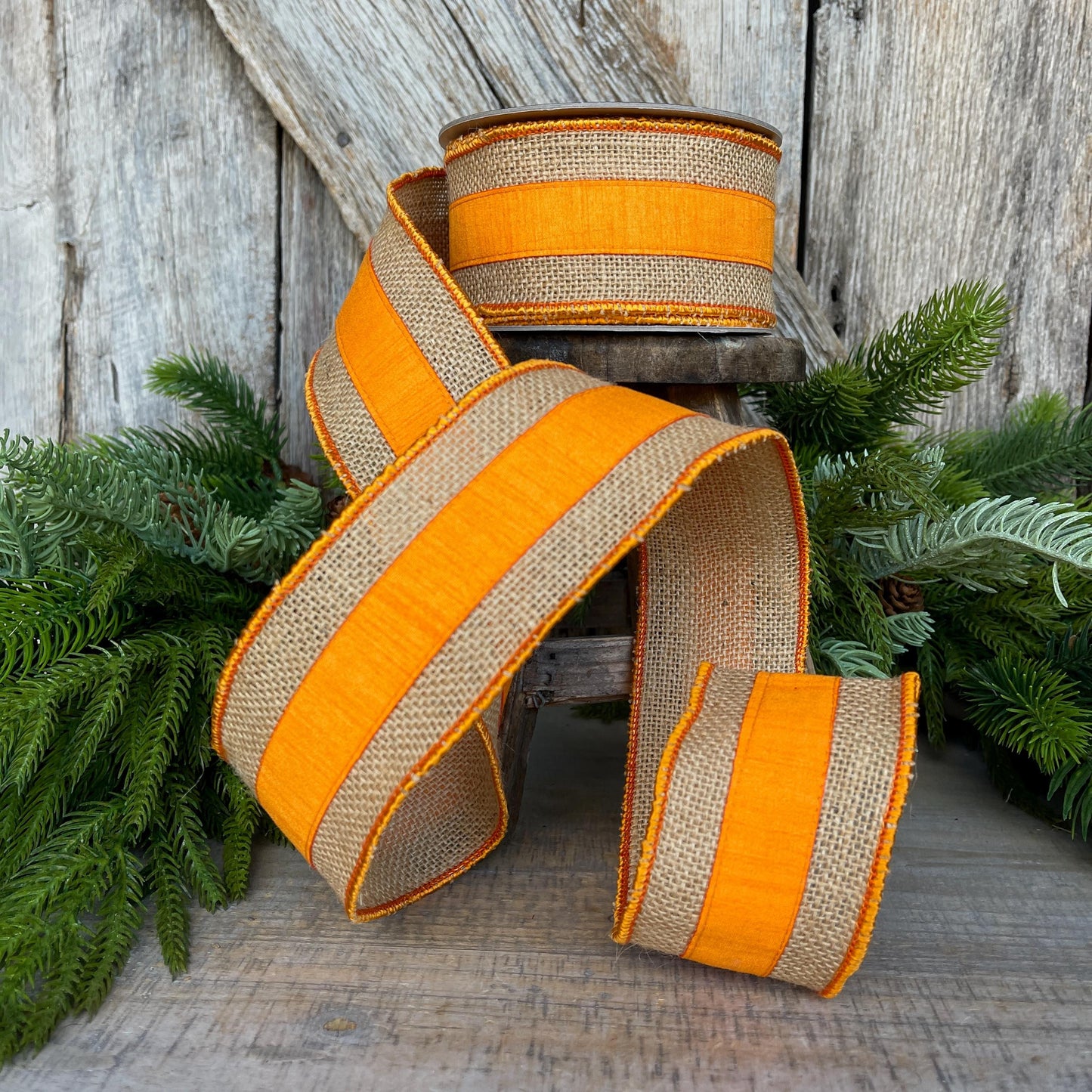 2.5" Orange Burlap Border Ribbon, Farrisilk Ribbon, Wired Ribbon