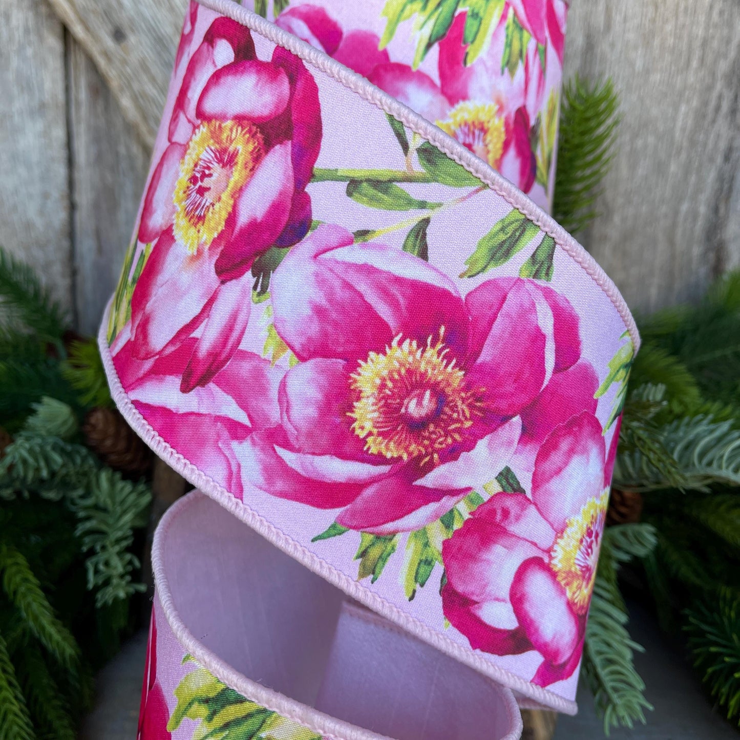 4" Spring Poppies ribbon, Farrisilk Ribbon, Pink Poppy Ribbon, Red Ribbon, Wired RIbbon, Designer RIbbon, SR070-22