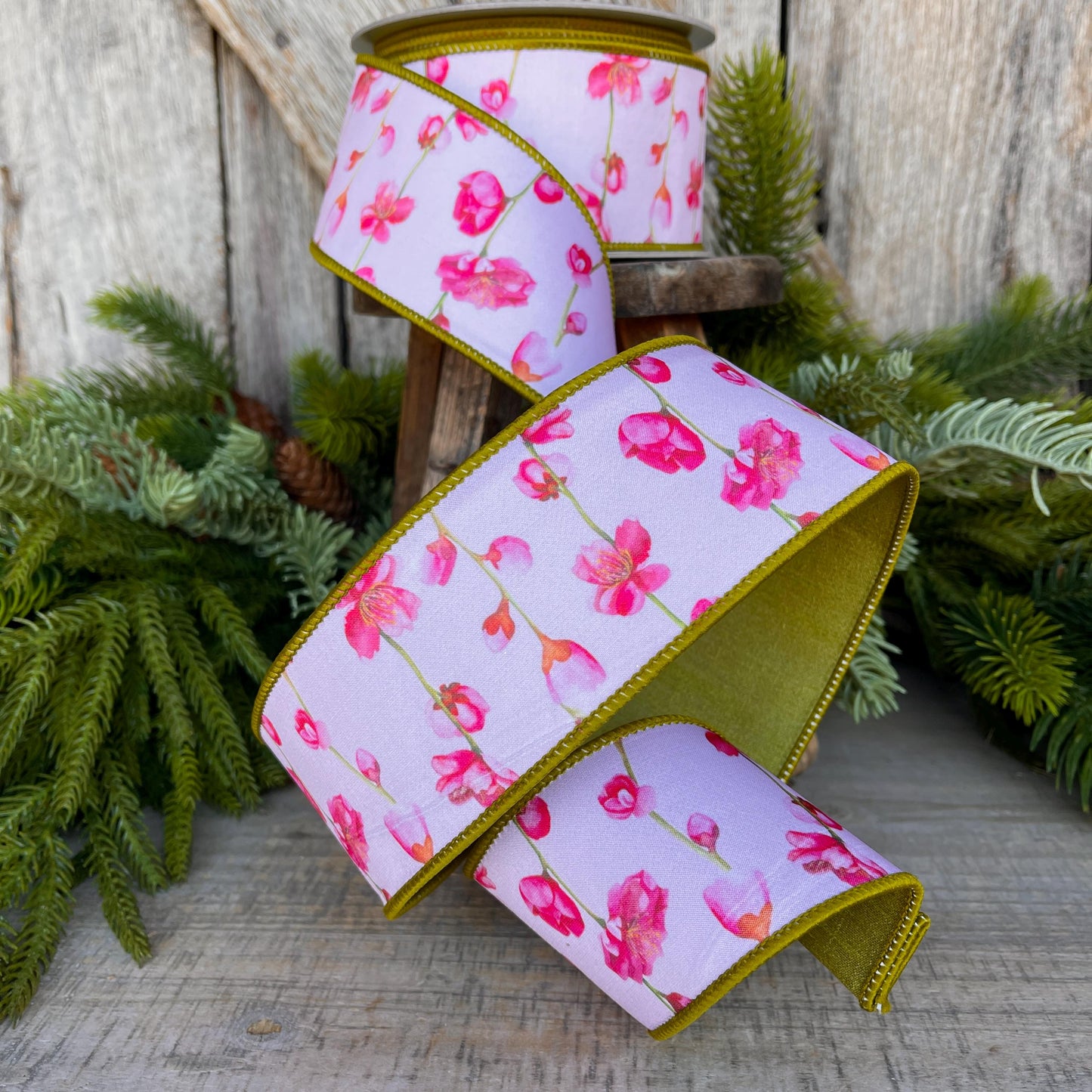2.5" Cherry Blossom Ribbon, Farrisilk Ribbon, Wired Ribbon, Pink Floral Ribbon, Cherry Blossom Decor, SR010-14