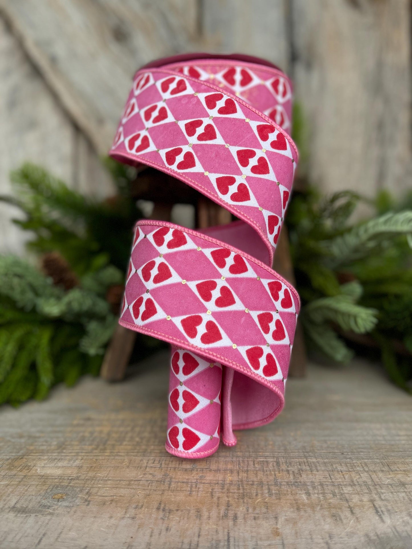 2.5" Heart Valentine Ribbon, Farrisilk Ribbon, Wired RIbbon, Queen of Hearts Ribbon, Valentine Ribbon, Pink and Red Ribbon, SR014-14