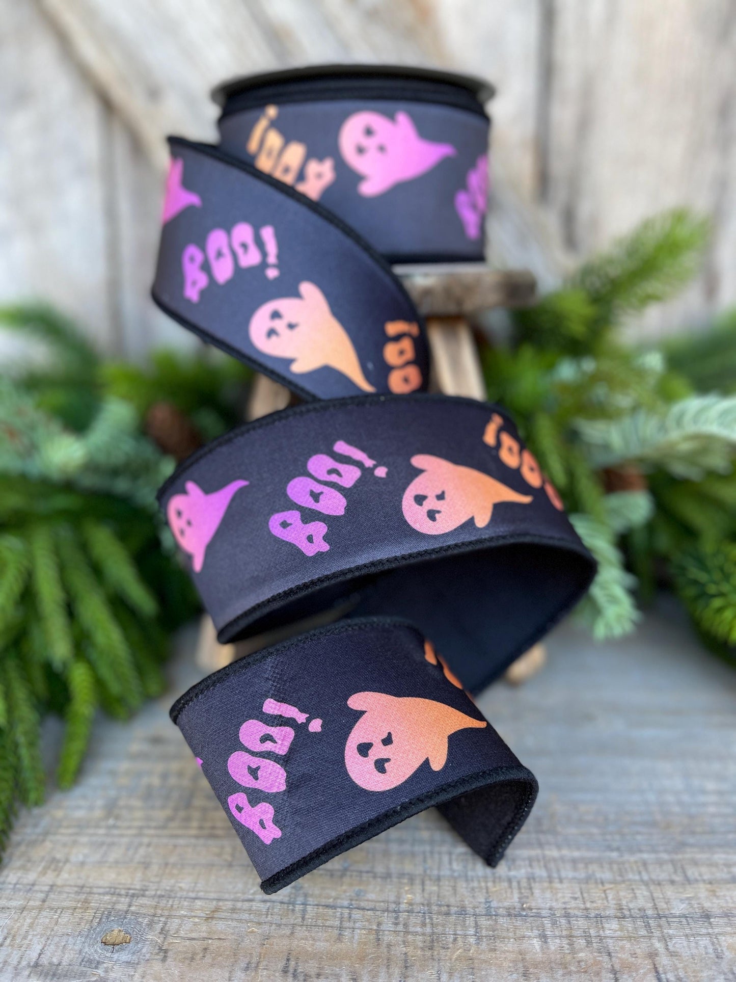 2.5" Boo Halloween Ribbon, Farrisilk Ribbon, Wired Ribbon, Black Purple Orange Boo Ribbon, Halloween Ribbon, HR052-32