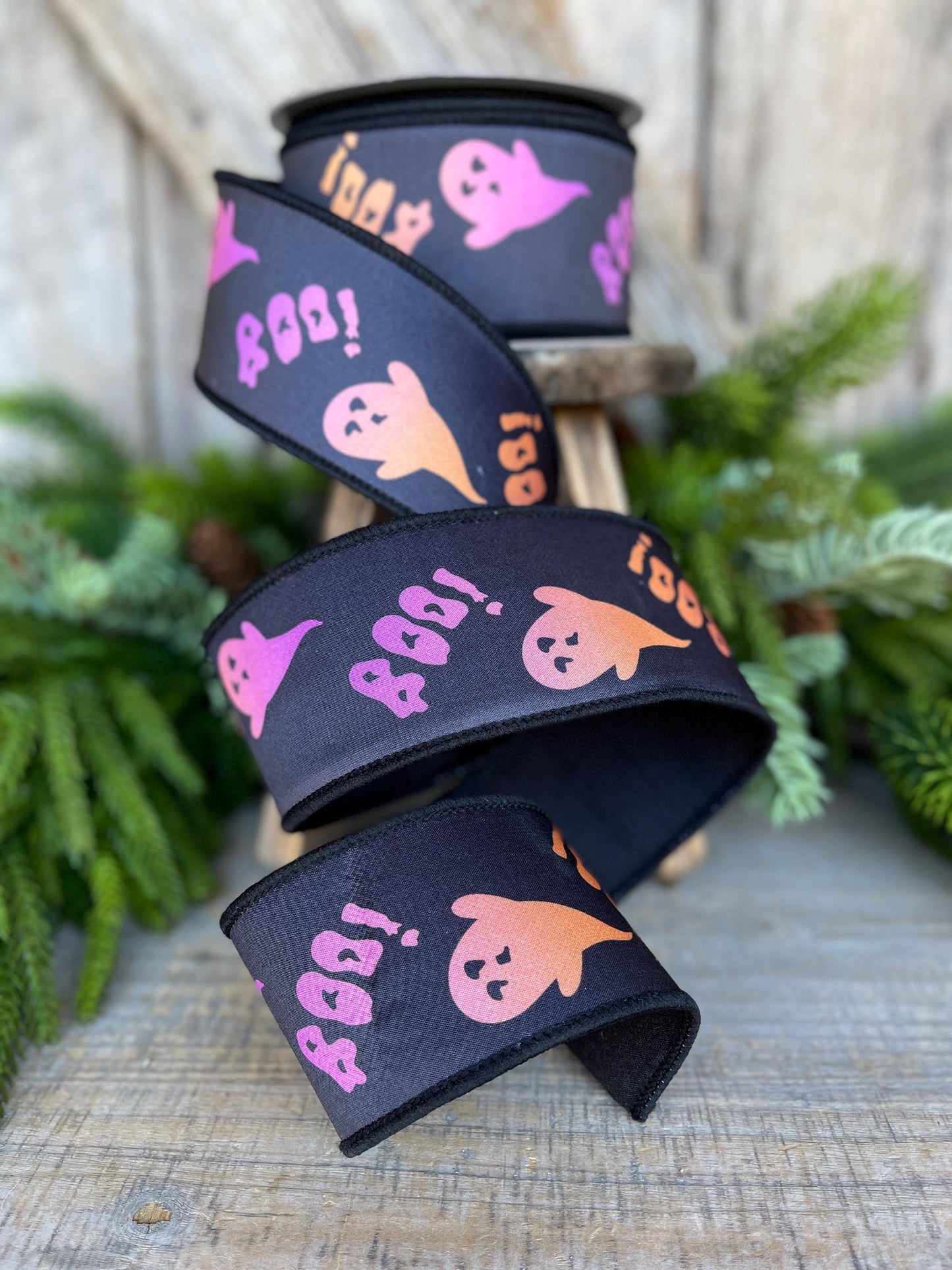 2.5" Boo Halloween Ribbon, Farrisilk Ribbon, Wired Ribbon, Black Purple Orange Boo Ribbon, Halloween Ribbon, HR052-32