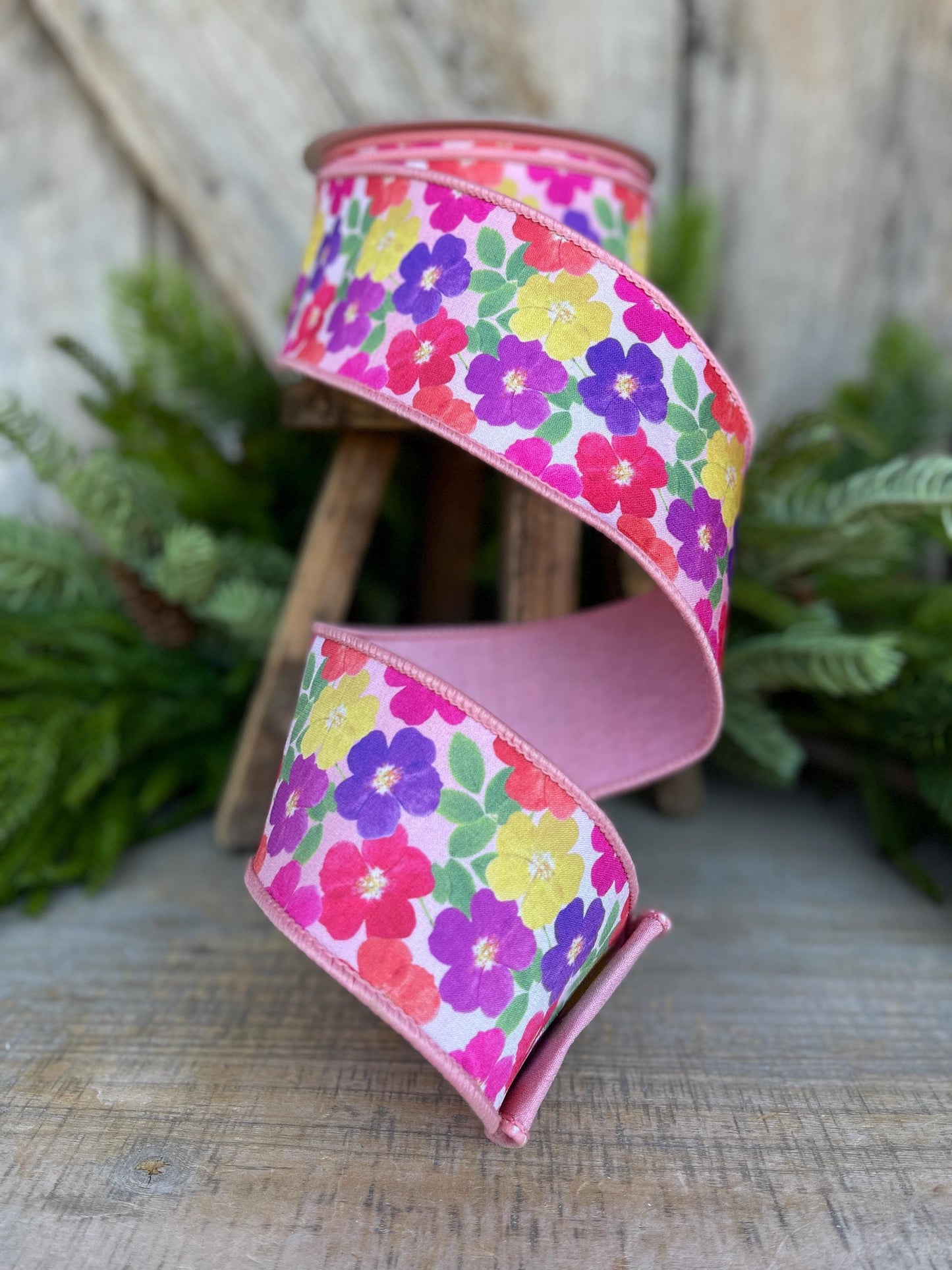 2.5" Pink Floral Ribbon, Farrisilk Ribbon, Petal Parchment