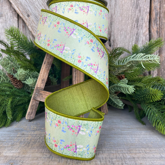 2.5" Green Wildflowers Ribbon, Farrisilk Ribbon, Floral Ribbon