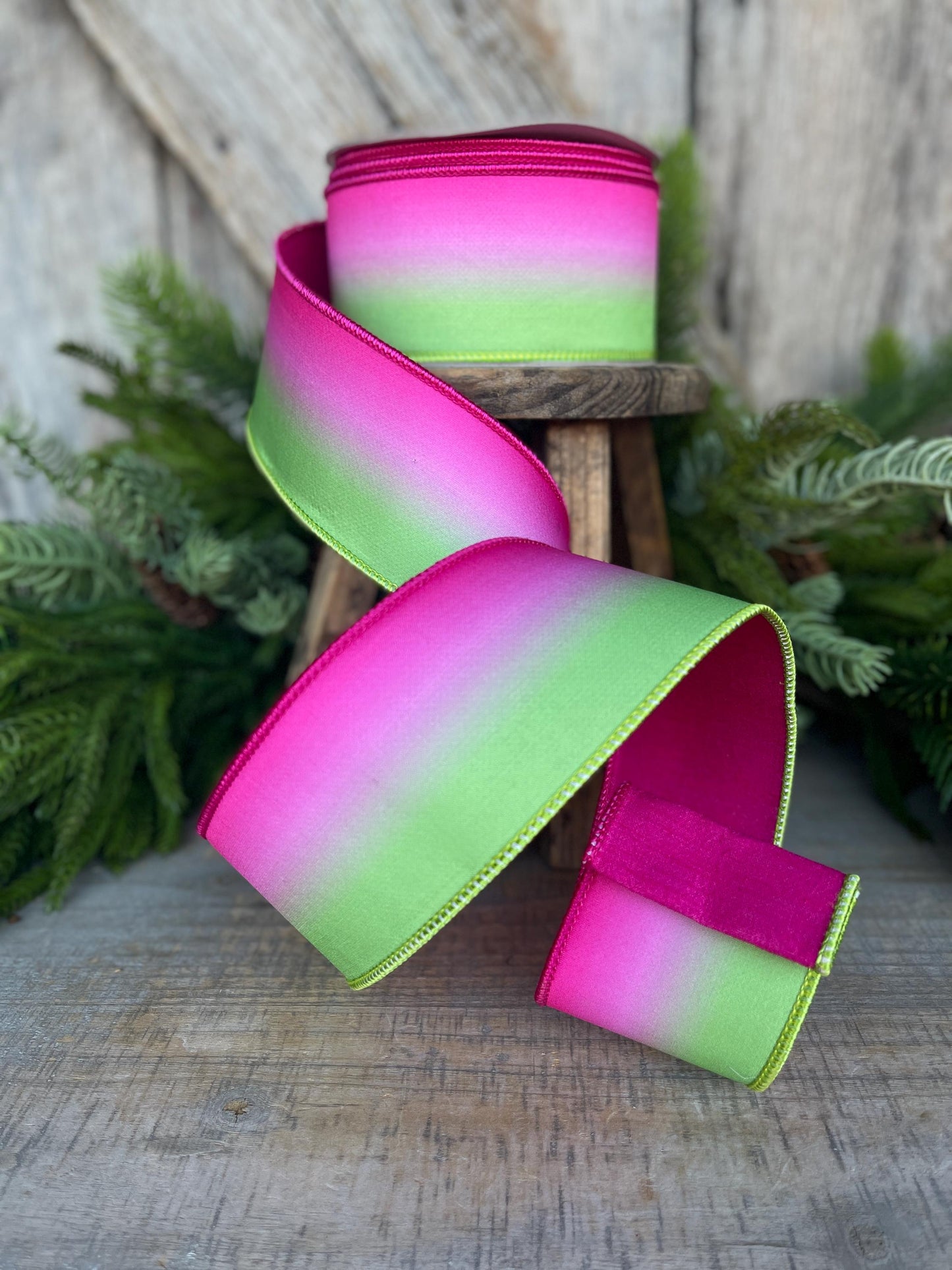 2.5" Pink Lime Green Vibrant Horizon Ribbon, Farrisilk RIbbon, Wired RIbbon