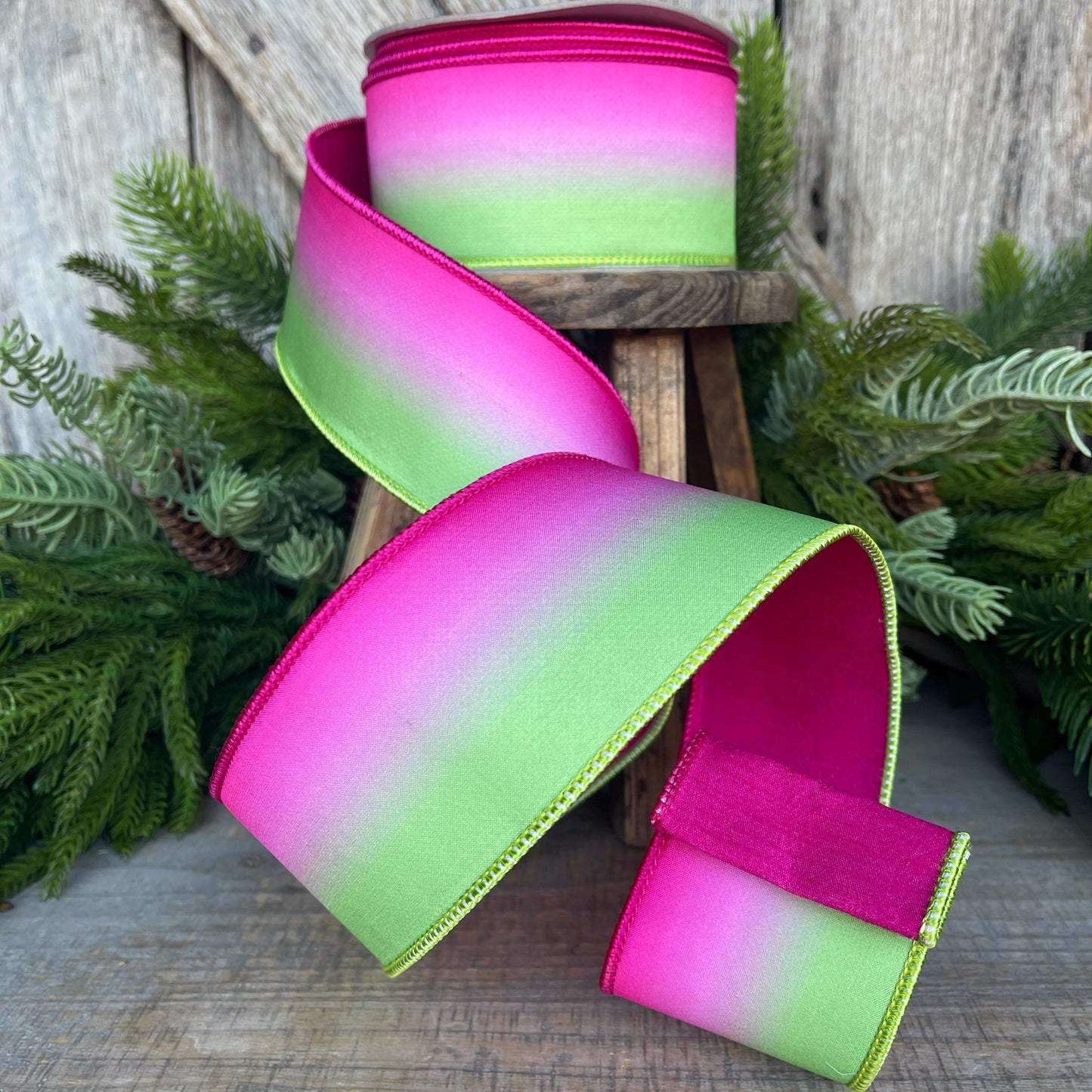 2.5" Pink Lime Green Vibrant Horizon Ribbon, Farrisilk RIbbon, Wired RIbbon, SPring Ribbon, 2 Tone Ribbon, Ombre Ribbon, SR032-32