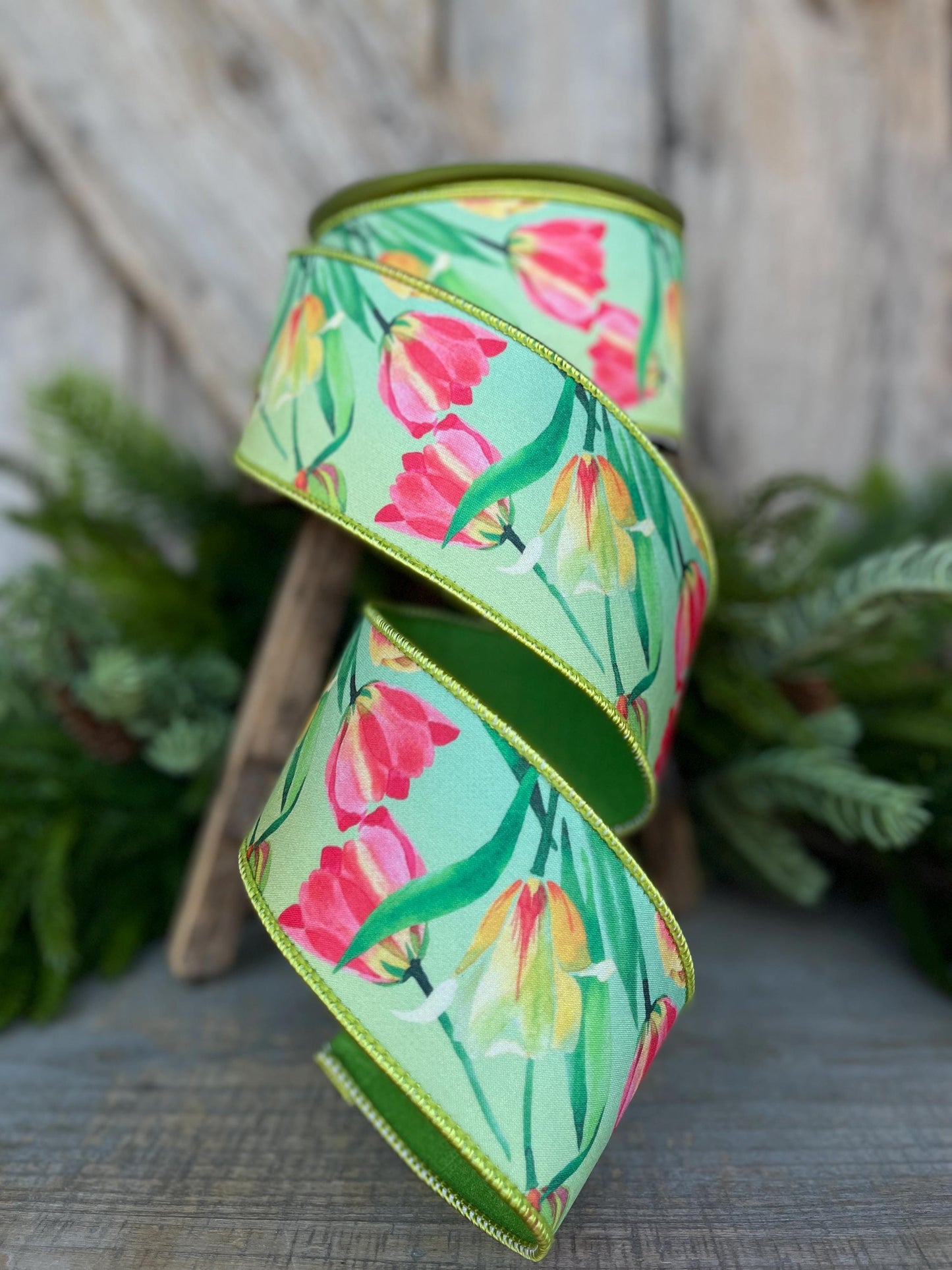 2.5" Tulip Ribbon, Wired Ribbon, Farrisilk Ribbon, Spring Tulip Ribbon, Green Tulip Ribbon, Designer Ribbon, SR063-32
