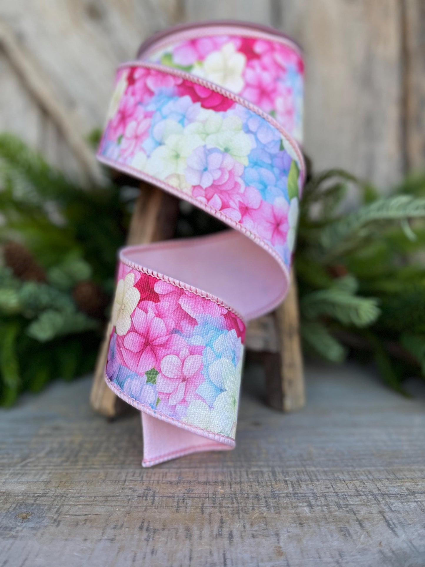2.5" Hydrangea Ribbon, Farrisilk Ribbon, Spring Ribbon, Floral Ribbon, Wired Ribbon, Easter Ribbon, Pink, SR034-32