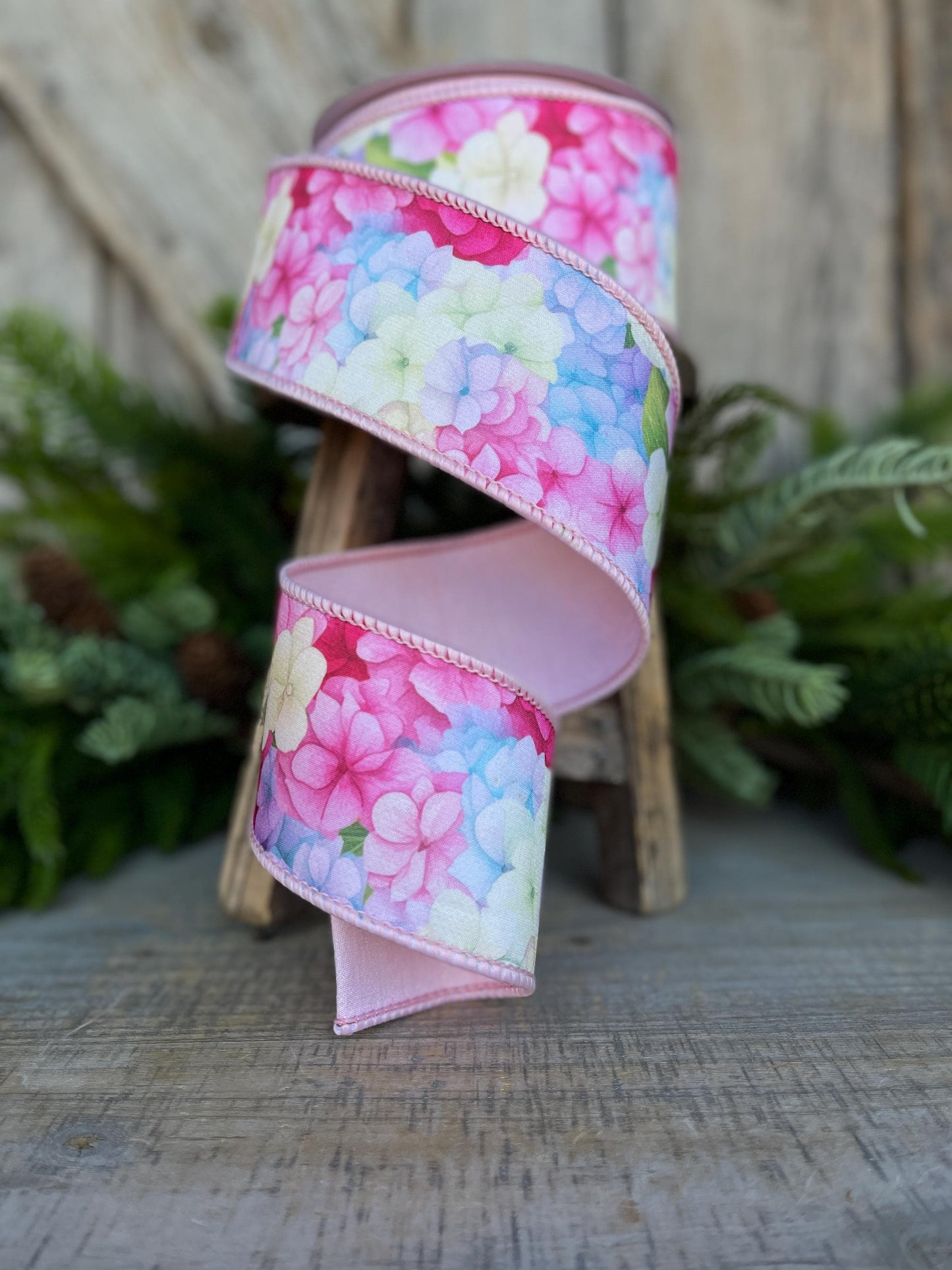 2.5" Hydrangea Ribbon, Farrisilk Ribbon, Spring Ribbon, Floral Ribbon, Wired Ribbon, Easter Ribbon, Pink, SR034-32