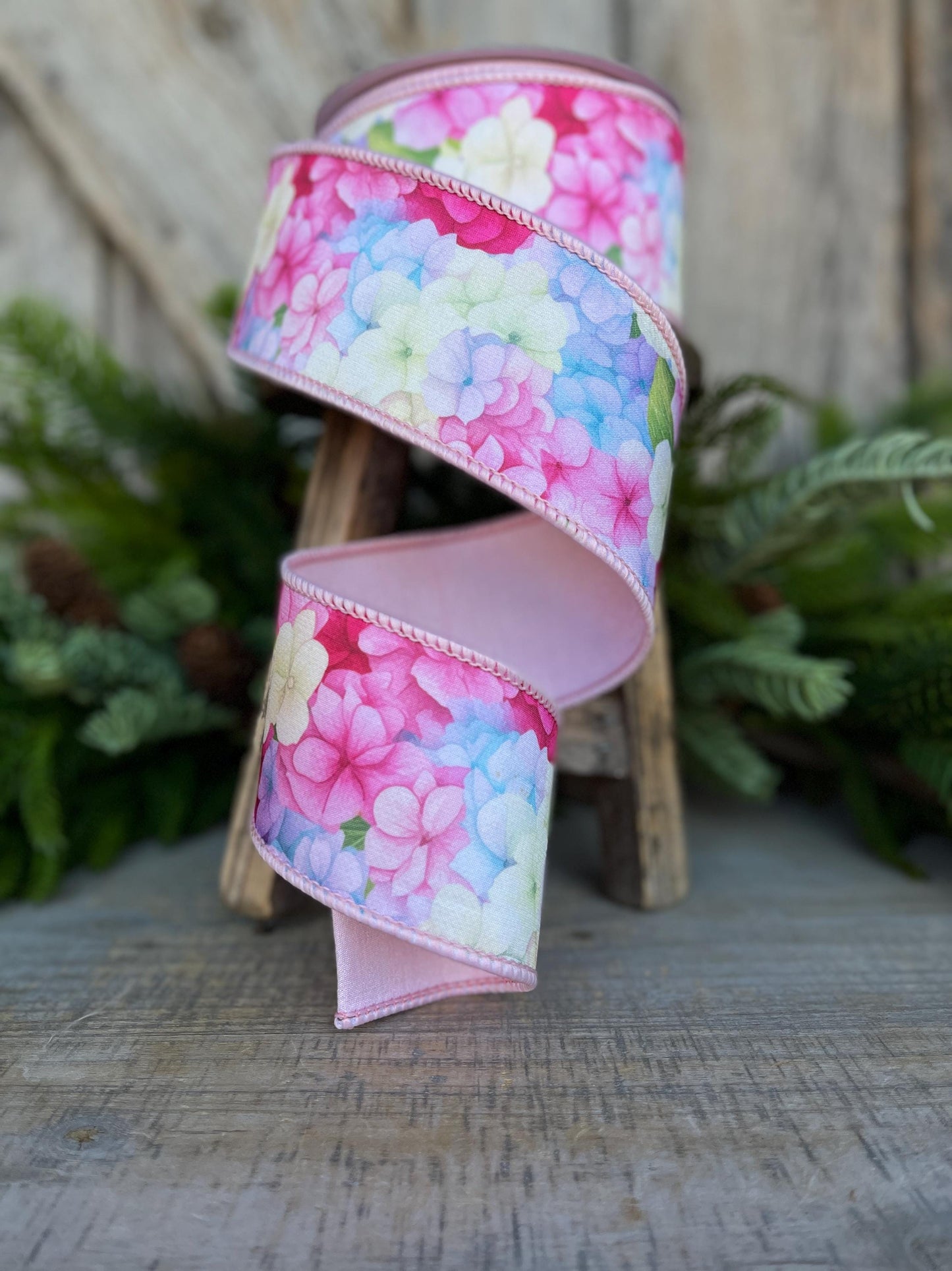2.5" Hydrangea Ribbon, Farrisilk Ribbon, Spring Ribbon, Floral Ribbon, Wired Ribbon, Easter Ribbon, Pink, SR034-32