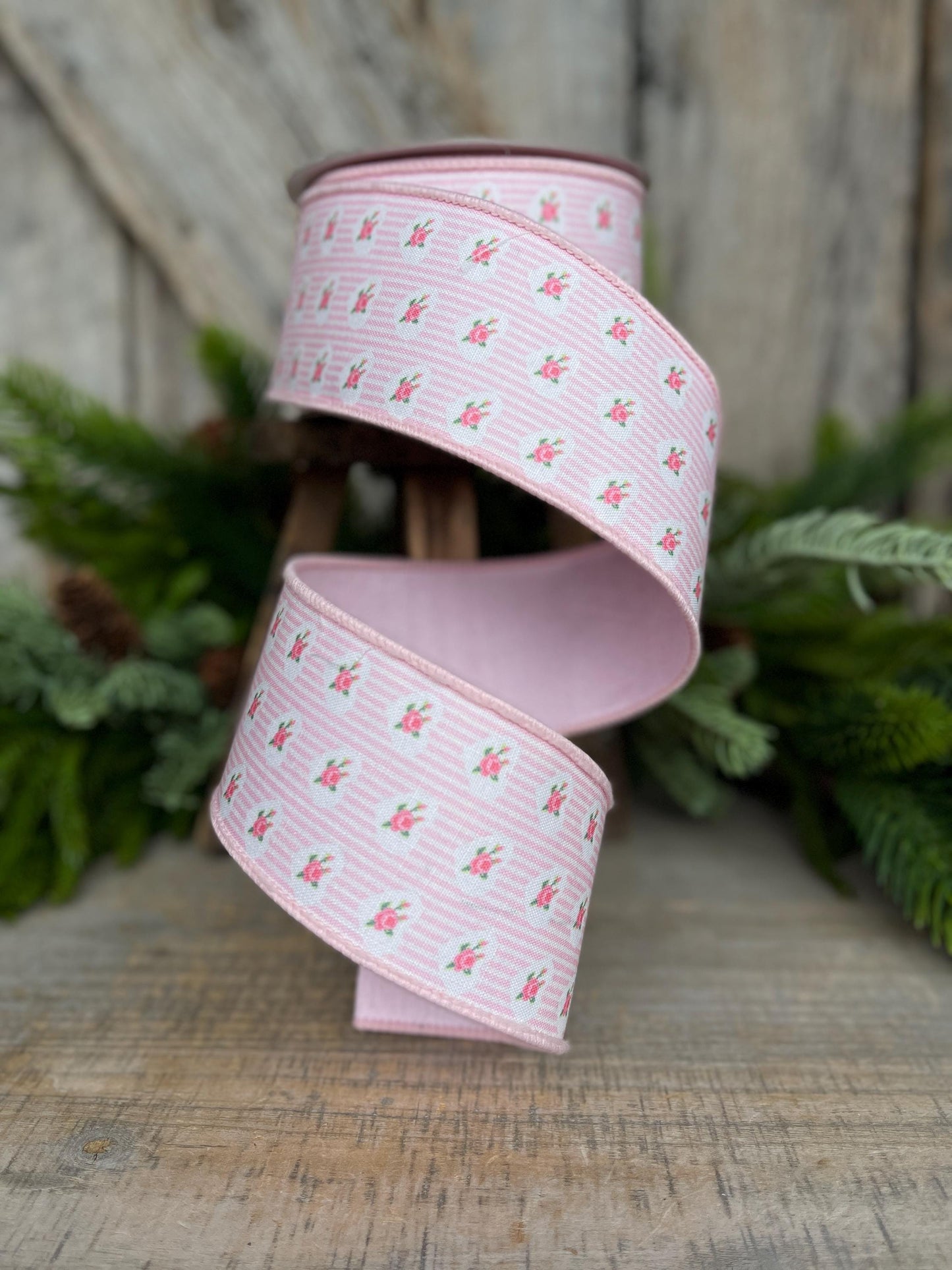 2.5" Pink rose ribbon, farrisilk ribbon, wired ribbon, rose ribbon, pink ribbon, wreath supply, victorian heart ribbon, light pink, SR021-14