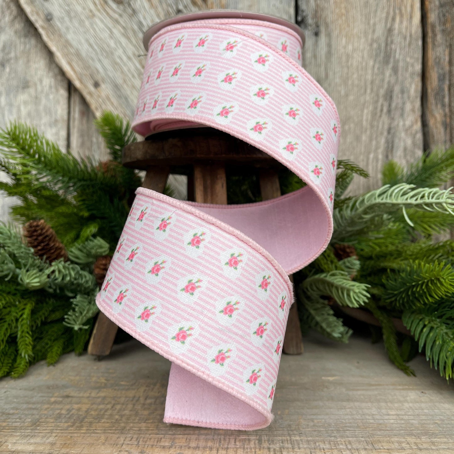 2.5" Pink rose ribbon, farrisilk ribbon, wired ribbon, rose ribbon, pink ribbon, wreath supply, victorian heart ribbon, light pink, SR021-14