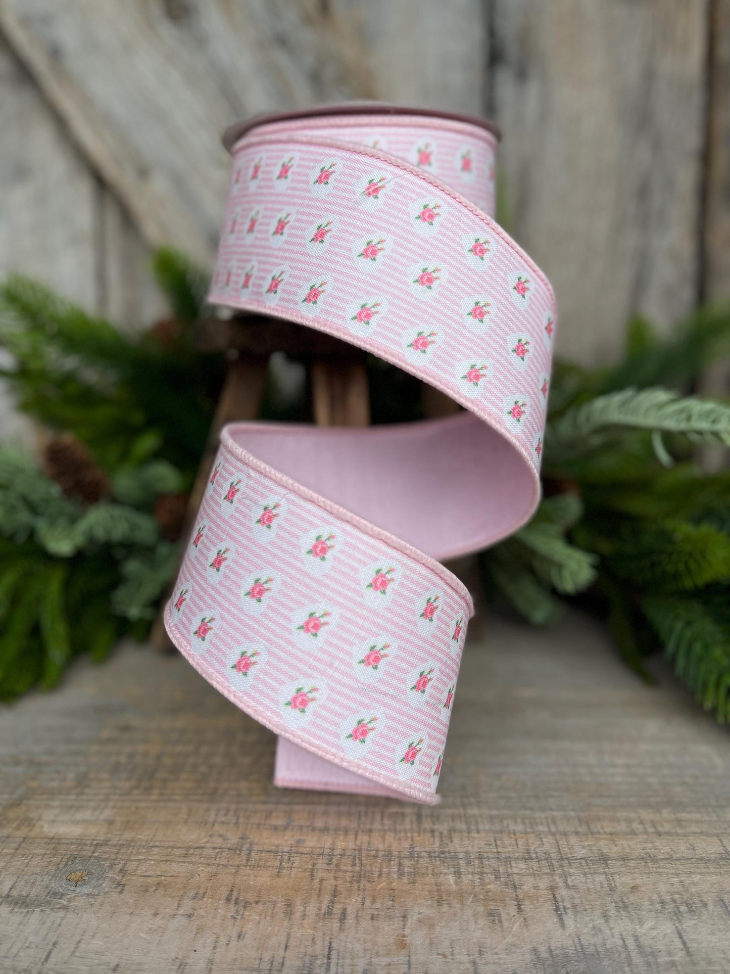 2.5" Pink rose ribbon, farrisilk ribbon, wired ribbon, rose ribbon, pink ribbon, wreath supply, victorian heart ribbon, light pink, SR021-14