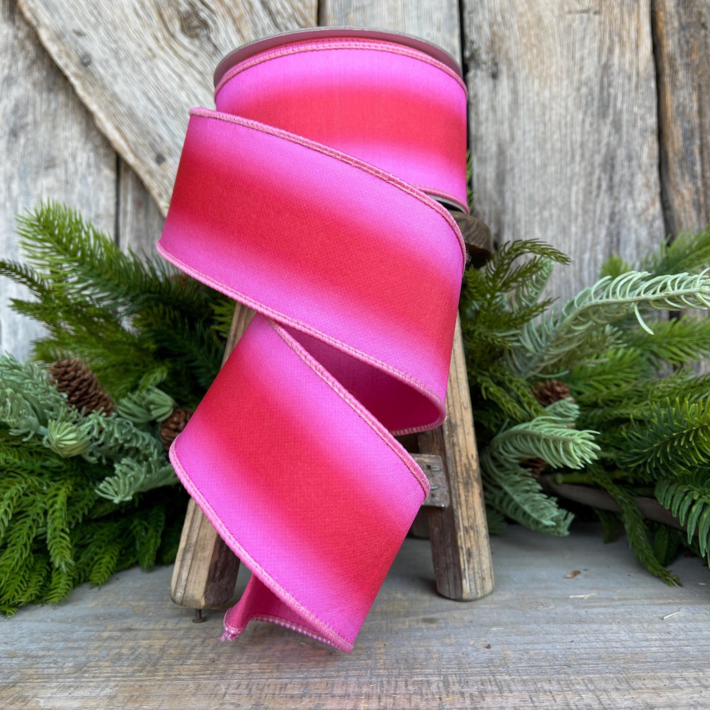 2.5" Red Pink Ombre Ribbon, Farrisilk RIbbon, Pink Wired RIbbon