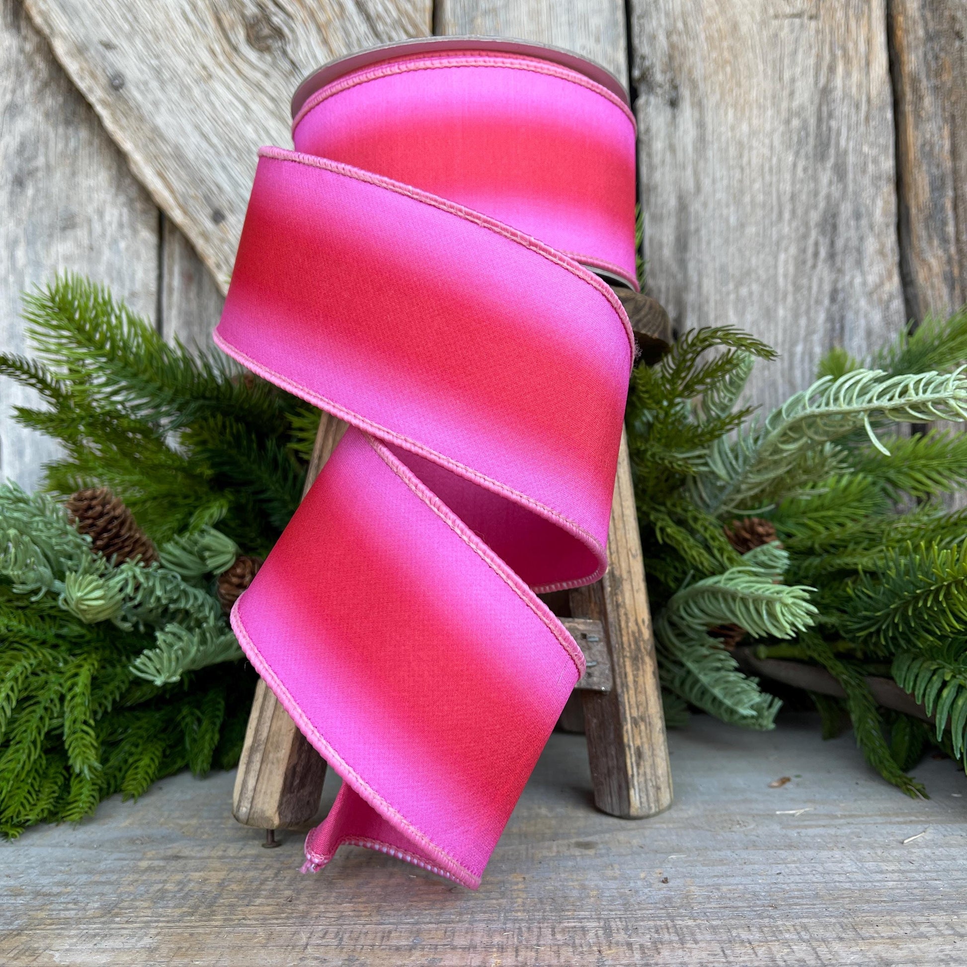 2.5" Red Pink Ombre Ribbon, Farrisilk RIbbon, Pink Wired RIbbon