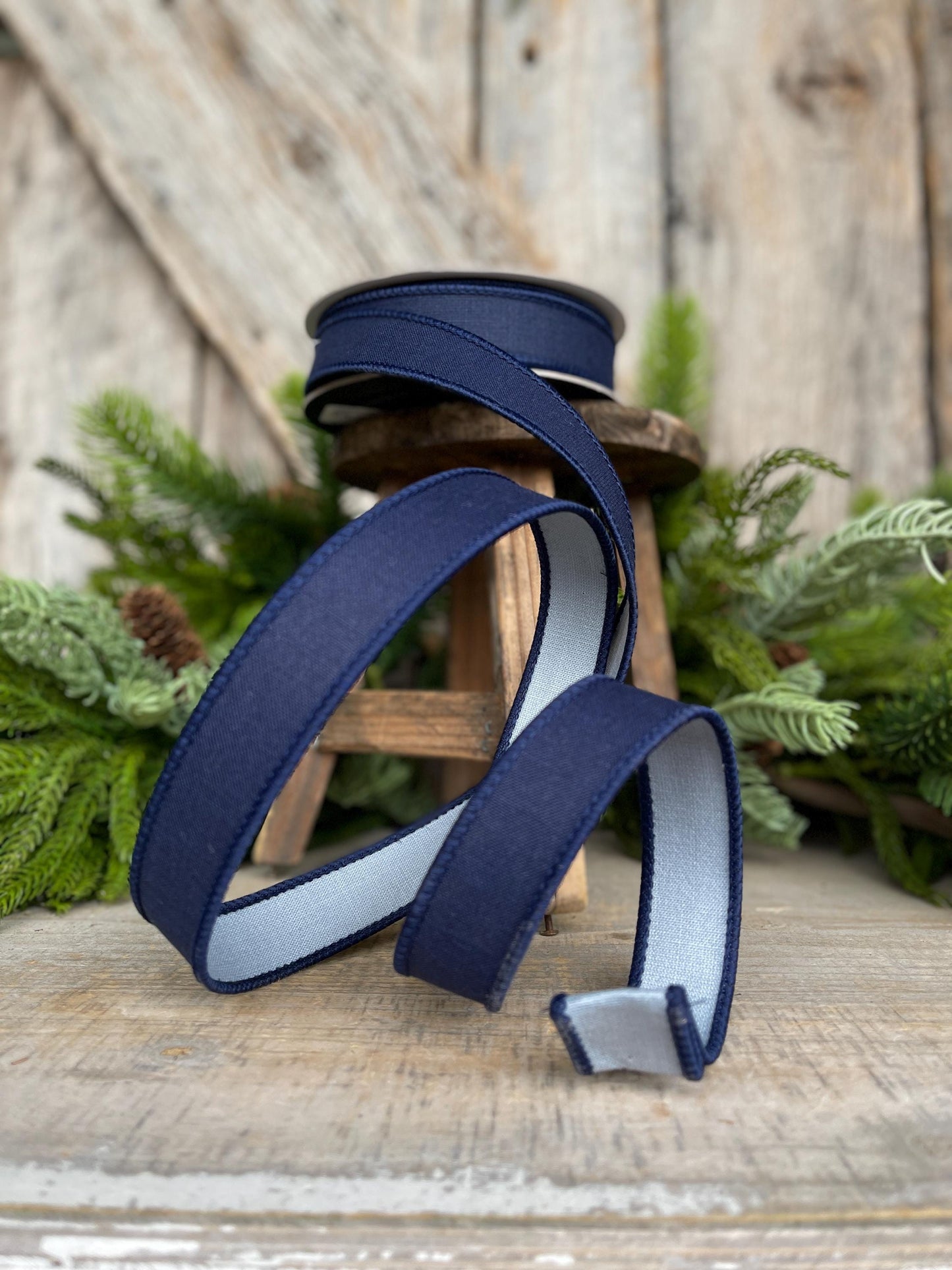 1" Navy Blue Ribbon, Farrisilk Ribbon, Wired Ribbon, Navy Blue Linen Tones Ribbon, 2 Tone Ribbon, Denim Look Ribbon, SR119-05
